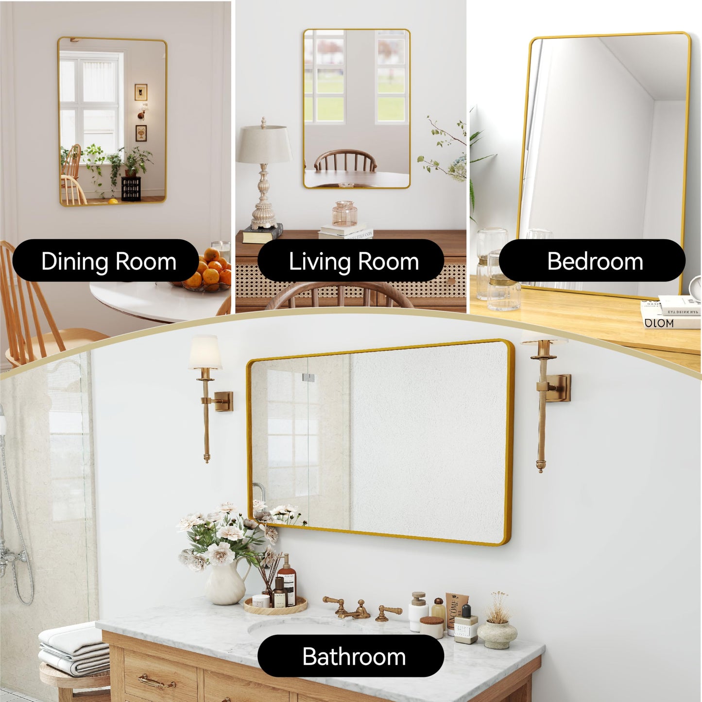 SCWF-GZ 24x36 Vanity Mirror Full Length Wall Mounted Aluminum Alloy Metal Frame Dressing Round Rectangle Mirrors for Entryway Bedroom Bathroom Living Room Horizontally or Vertically 36x24 inch Gold