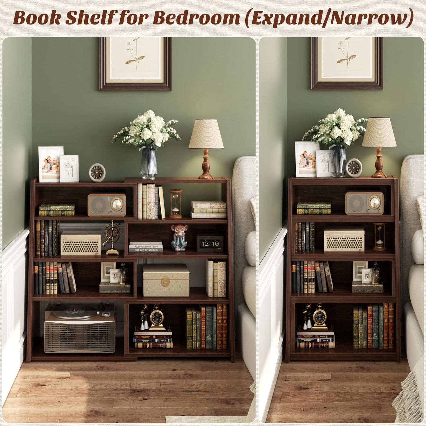 Armocity Expandable Bookshelf, Short Corner Bookshelf for Small Spaces, Small Ladder Book Shelf, Extendable Wood Narrow Bookcase for Living Room, Bedroom, 5 Tier, Black Walnut
