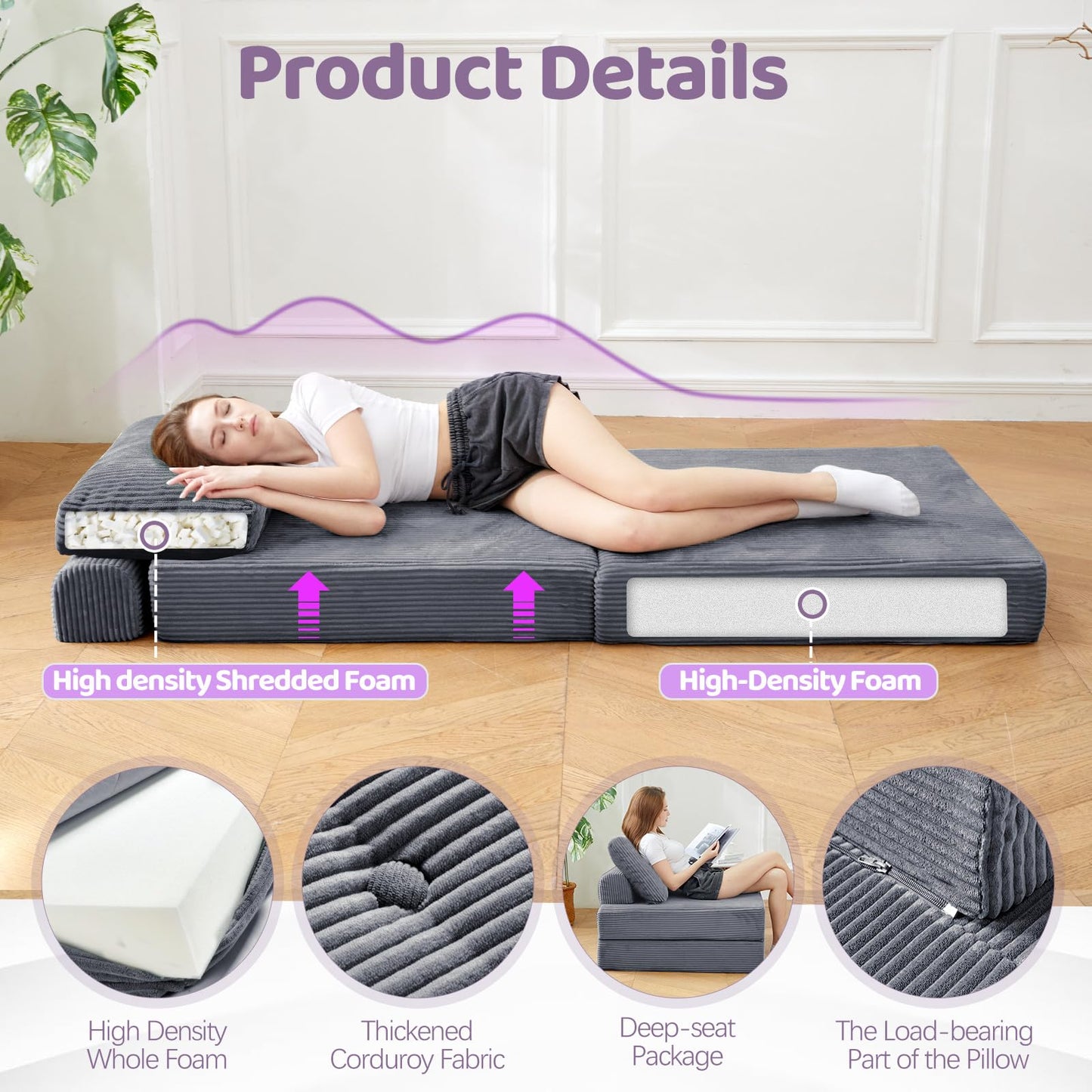 PIASHJOY Folding Chair Bed, Convertible Sofa Bed with Pillows,Fold Out Chair Bed with High-Density Foam,Chair Bed Sleeper for Adults Perfect for Living Room 、Hotel 、Apartment ， Single, Dark Gray