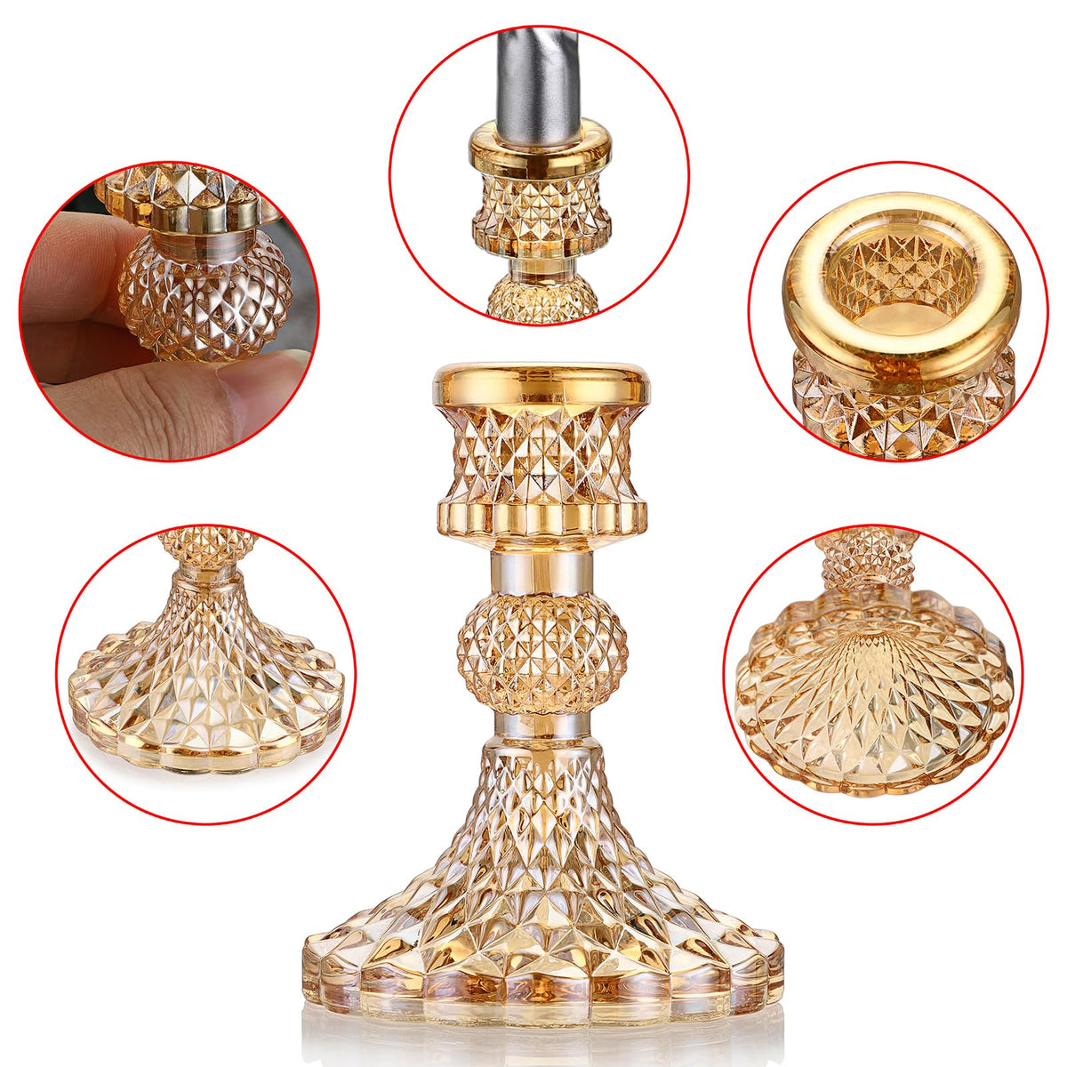 OwnMy Set of 2 Gold Glass Taper Candle Holders Decorative Glass Candlestick Holders, Modern Taper Candle Stands Candlesticks for Dining Table Centerpieces Wedding Church Decor