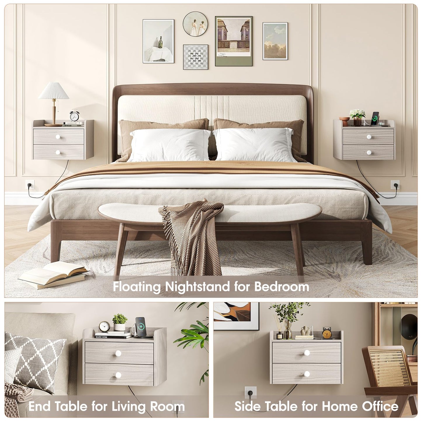 Vabches Floating Nightstand Set of 2 with 2 Storage Drawers and Charging Station Wood Wall Mounted Bedside End Table Modern Night Stands Set 2 for Bedroom,Small Space,Grey