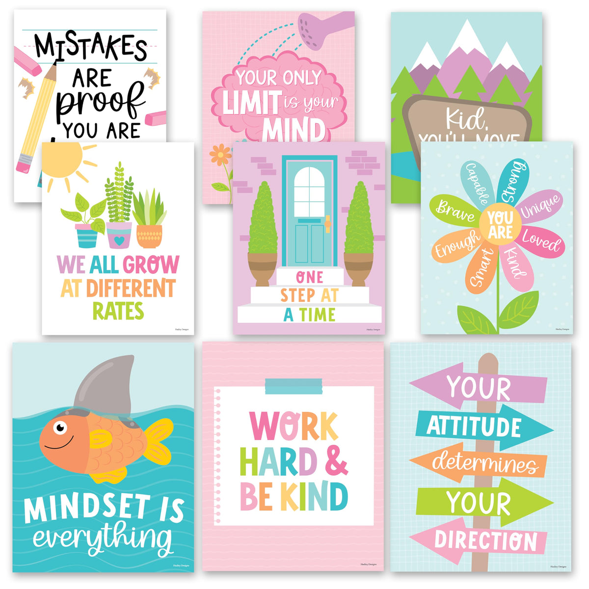 Hadley Designs Motivational Poster for Classroom Decor - 9 Growth Mindset Classroom Posters Elementary, Inspirational Wall Decor Middle School, Teacher Must Haves, Pastel Bulletin Board Decorations