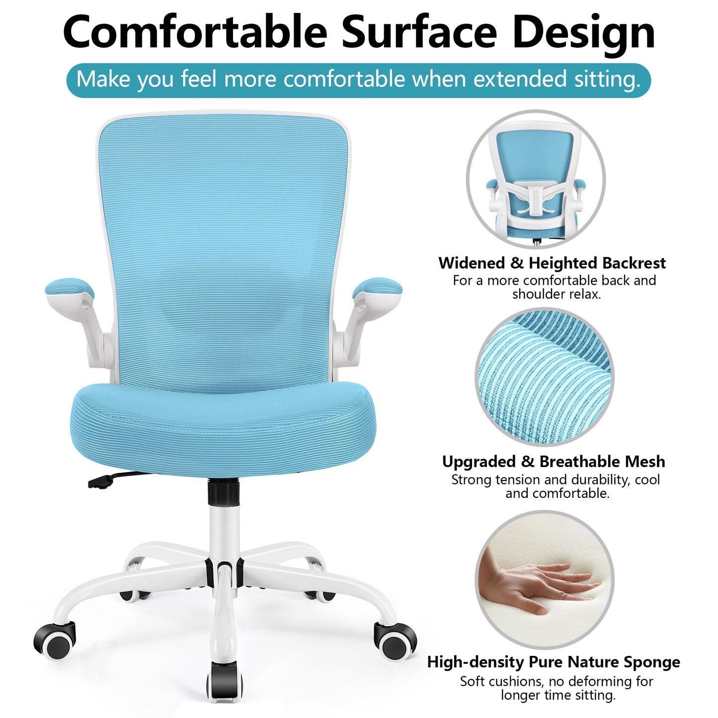 FelixKing Office Chair, Ergonomic Desk Chair Breathable Mesh Chairs Adjustable High Back Lumbar Support Flip-up Armrests, Executive Rolling Swivel Comfy Computer Chairs Home Office Blue