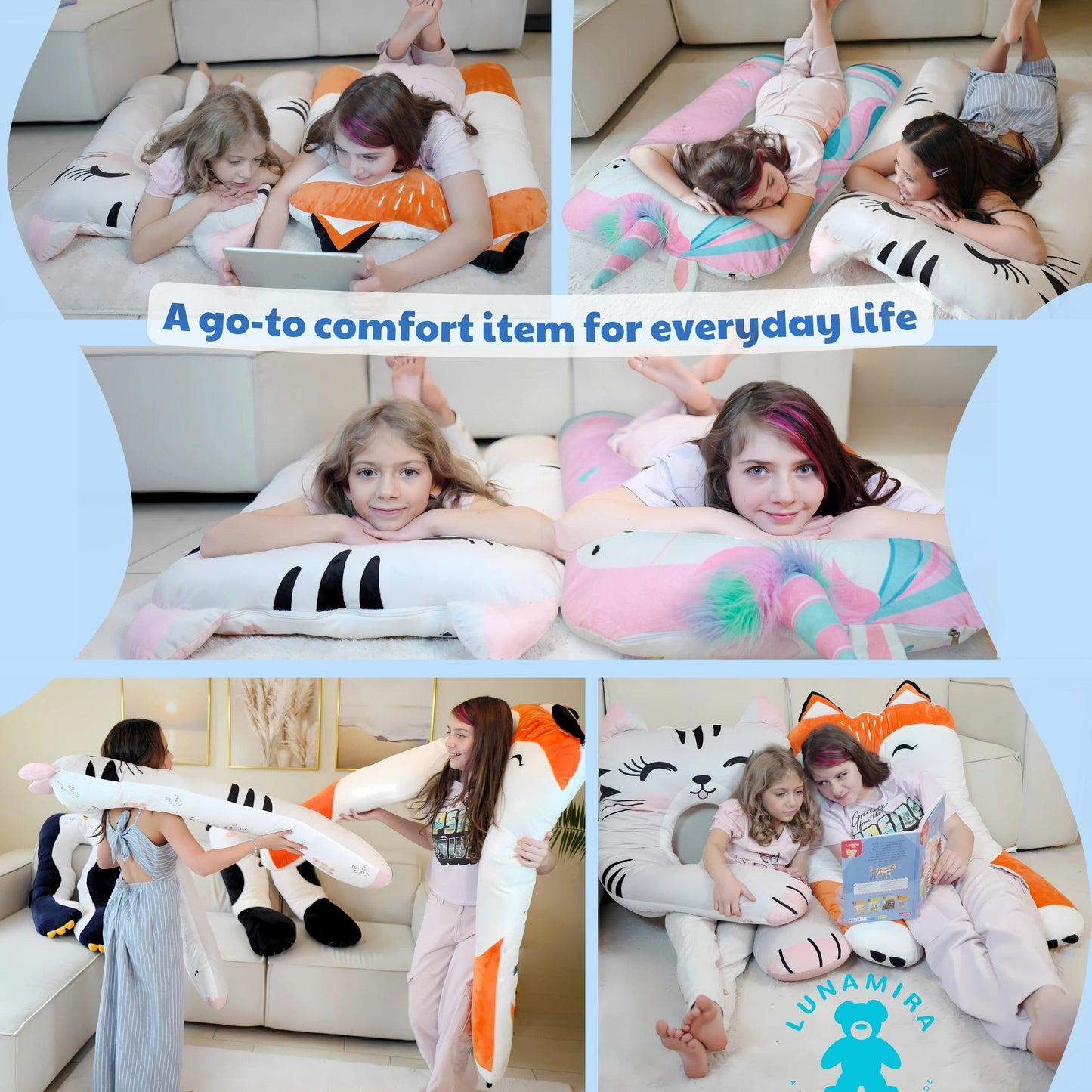 LUNAMIRA Unicorn Kids Body Pillow - 47" U-Shape Long Plush Soft Animal Pillow for Sleeping, Reading, ADHD & Special Needs Comfort, Anxiety, Washable Cover, Snuggle Cuddle for Boys & Girls