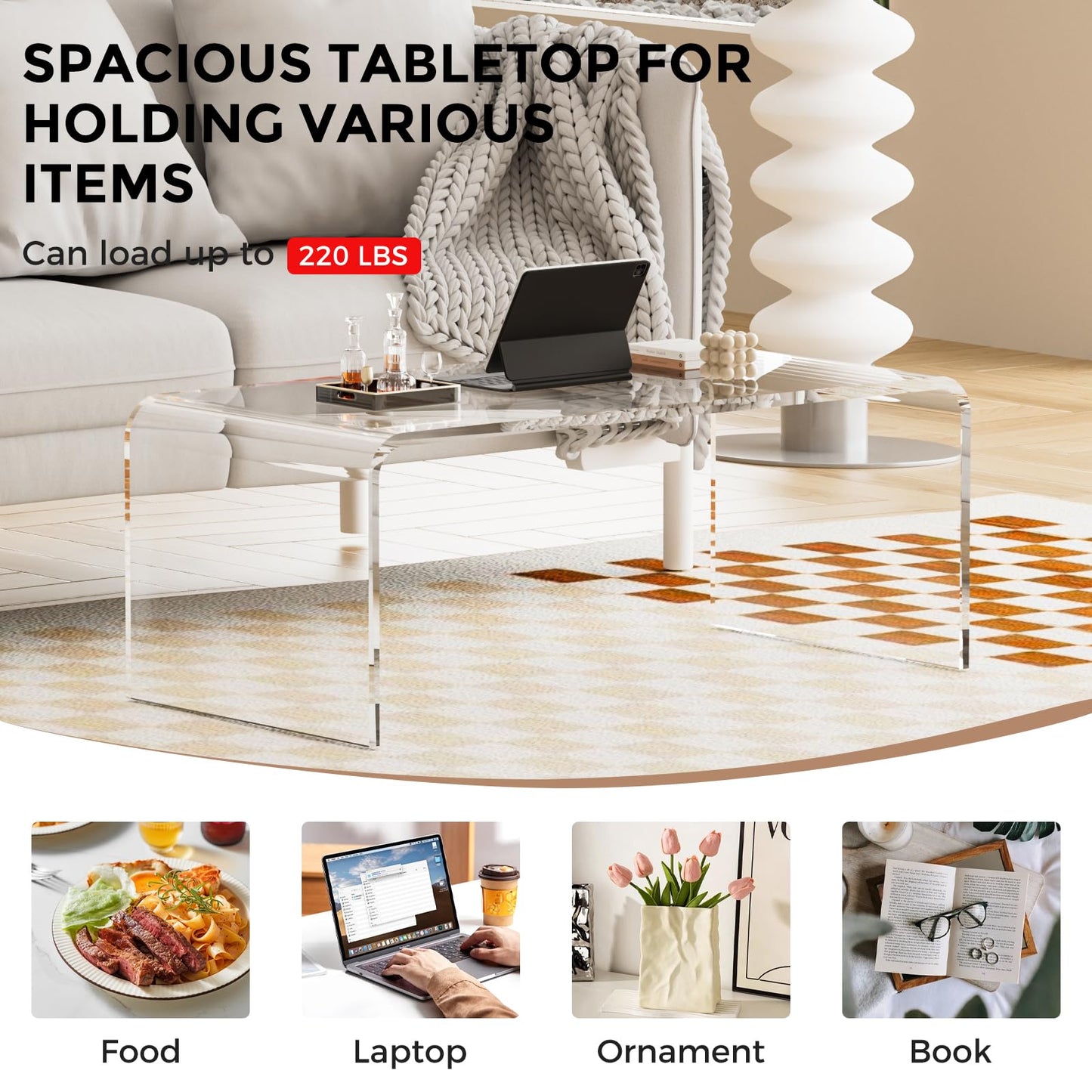 TPZLRN Premium Acrylic Coffee Table, 35.5" D x 17.8" W x 13.8" H Modern Clear Coffee Table, 0.6'' Thick Rectangle Waterfall Table for Living Room, Office, Hotel, Showroom, Transparent