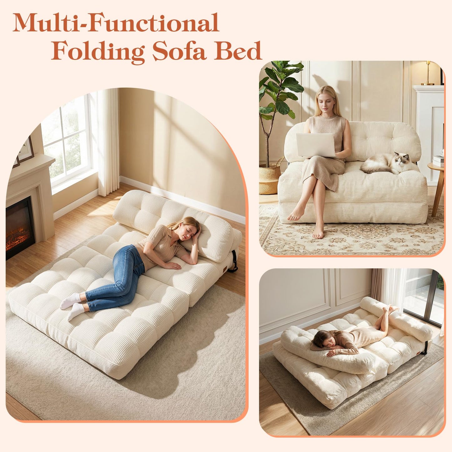 Vellorise Folding Sofa Bed, Convertible Sleeper Chair with Back Support and Pillow Futon, Boneless Matress, for Living Room/Guest Use/Home Office, Foldable Chair Bed for Adults, Beige, Full