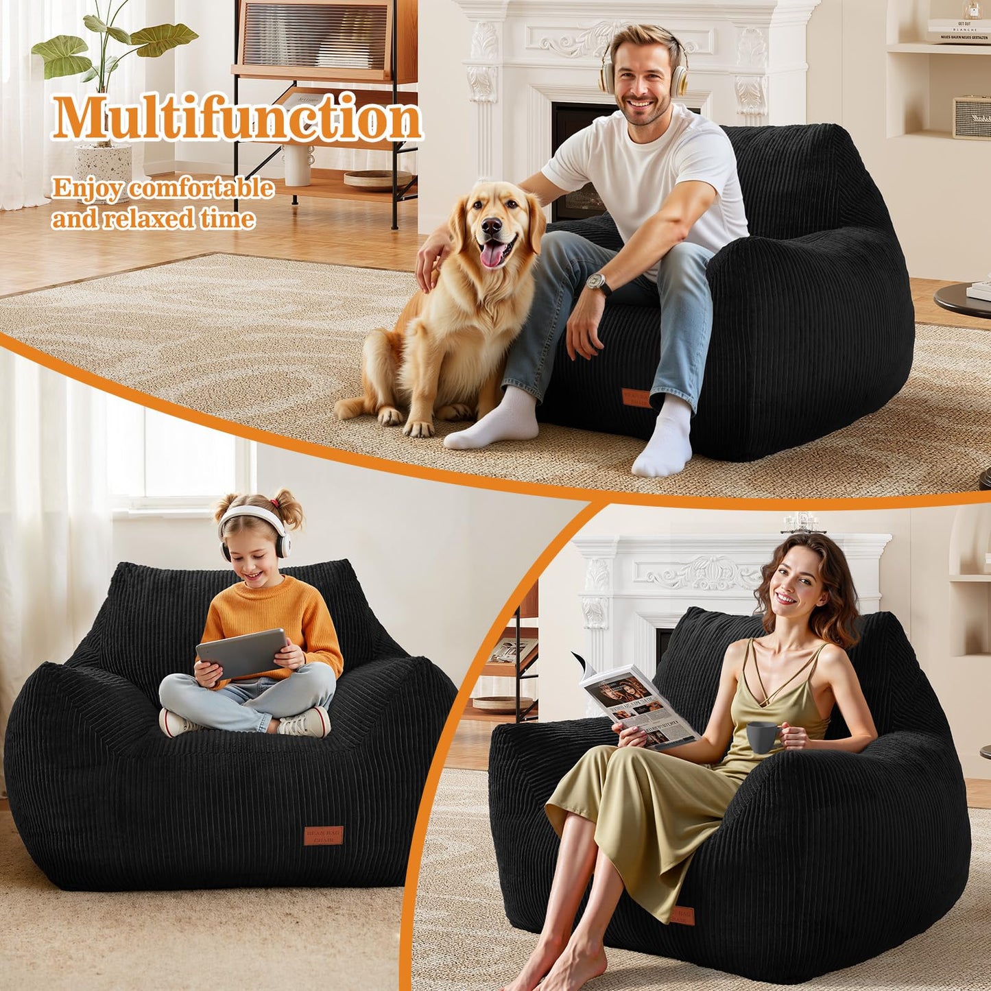 Vellorise Big Bean Bag Chair for Adults, Ultra Soft Living Room Bean Bag with Armrests, Stuffed BeanBag Chair for Napping, Gaming, Vacuum-Compressed for Easy Gifting, 48 Hours to Fluffs Up, Black