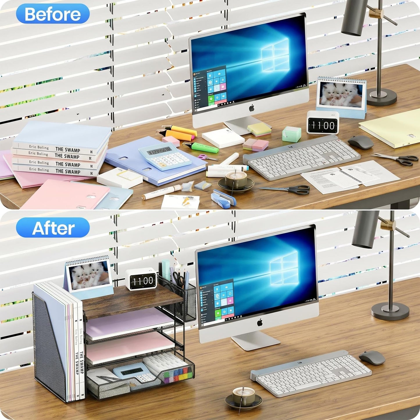 OPNICE Wood Desk Organizers and Accessories, 4-Tier Desktop Paper Letter Tray Organizer with Drawer and Pen Holders, Office Desk Accessories & Workspace Organizers for Home Office Supplies, Brown Wood