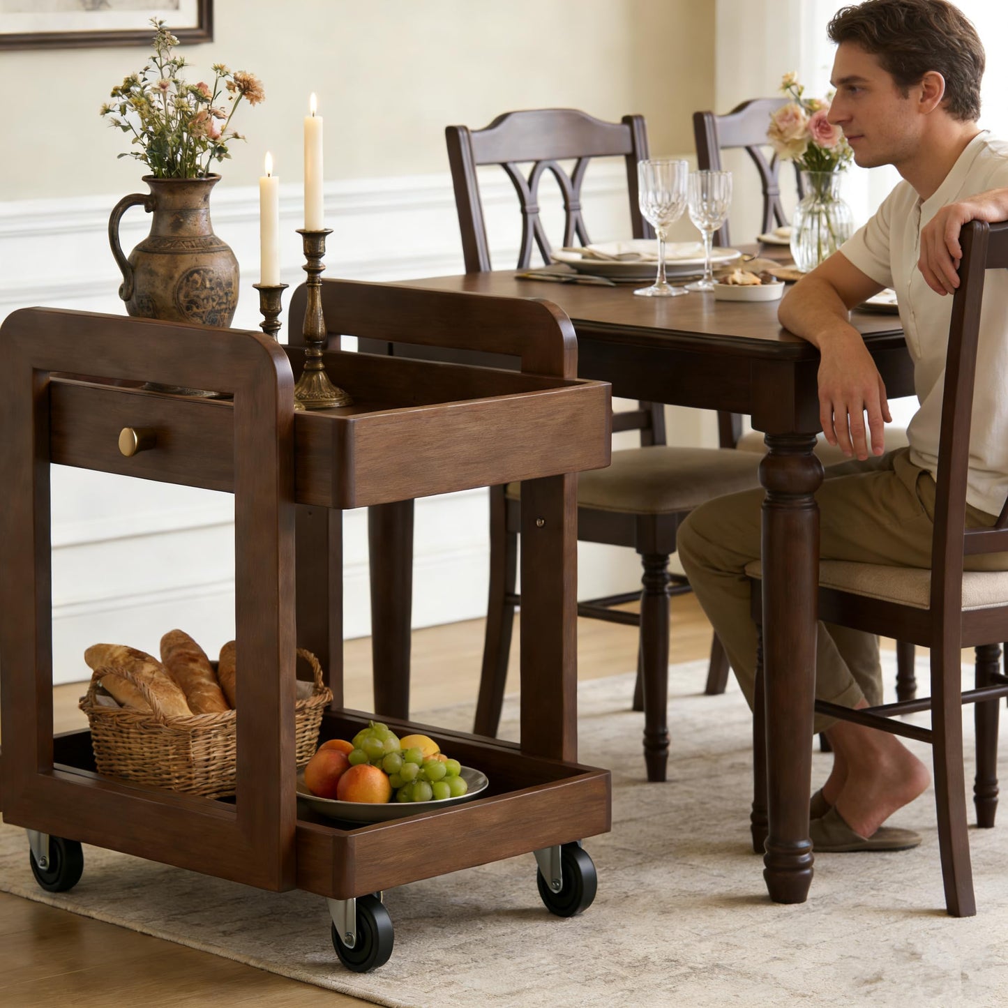 Rosolaratop Solid Wood Bar Cart with Drawer, 2-Tier Mobile Side Table with Universal Wheels, Walnut Finish Storage Trolley for Living Room, Tea Room, Bedroom