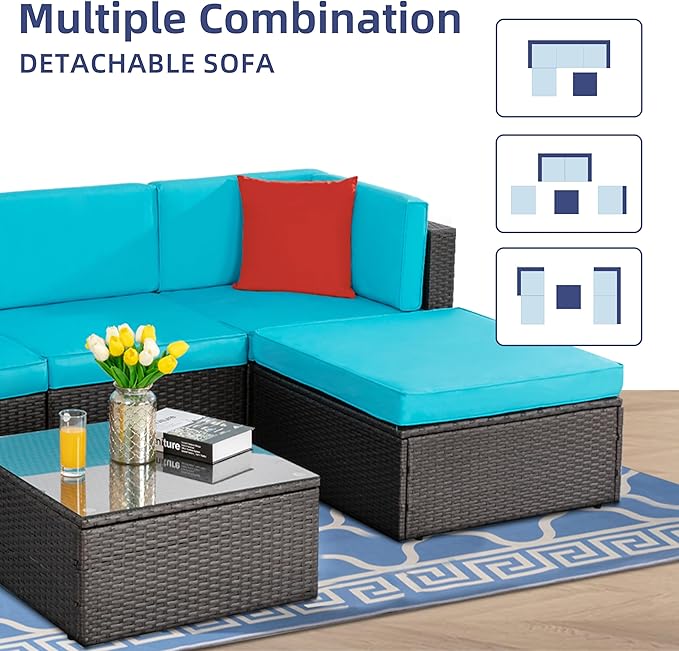 Vongrasig 5 Piece Furniture Sets, All-Weather Brown PE Wicker Outdoor Couch