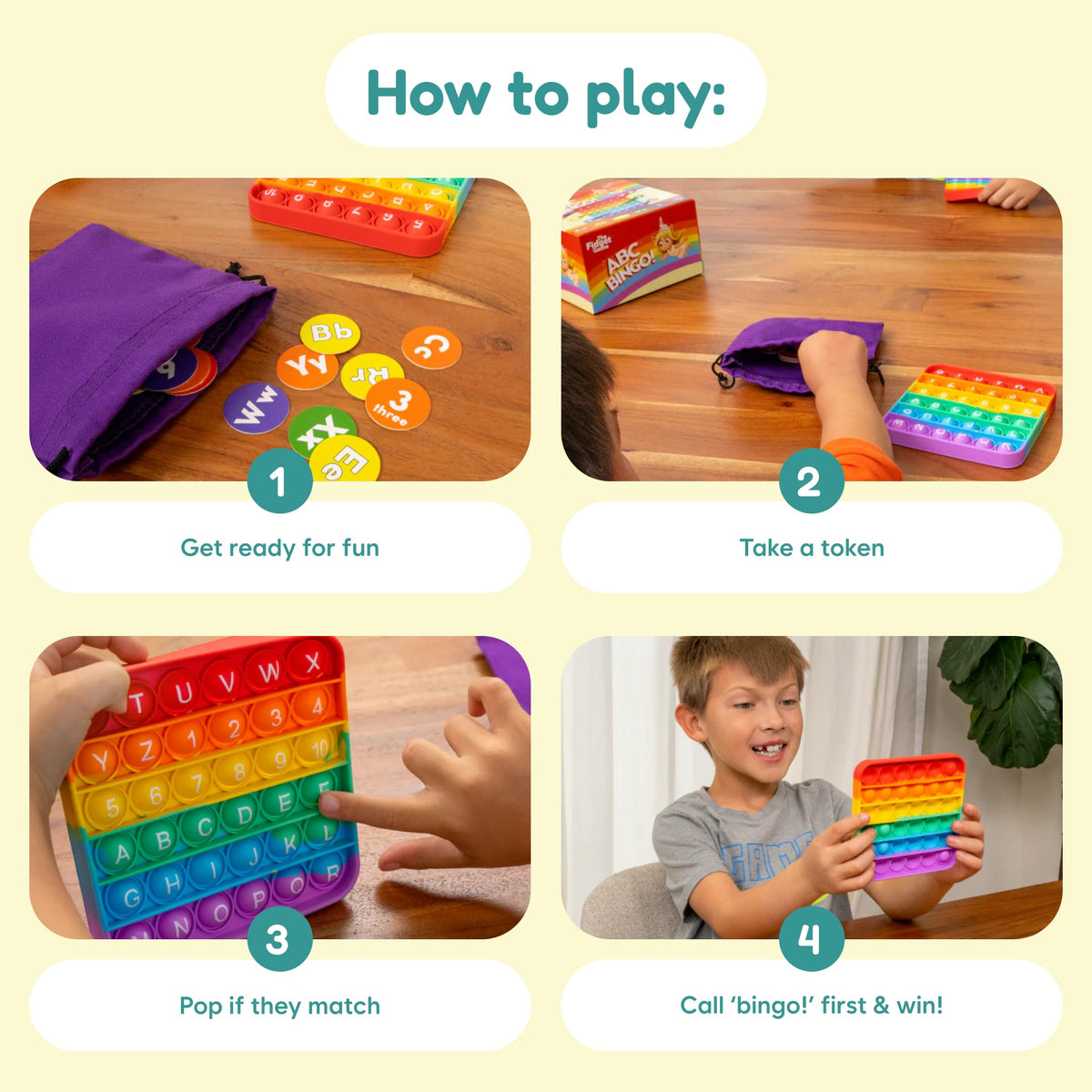 The Fidget Game ABC Bingo, Games for Kids - Six Educational Alphabet Bingo Popping Mats for Preschool, Toddlers, Kindergarten - Learning Activities for 2-6 Players 3+ Years