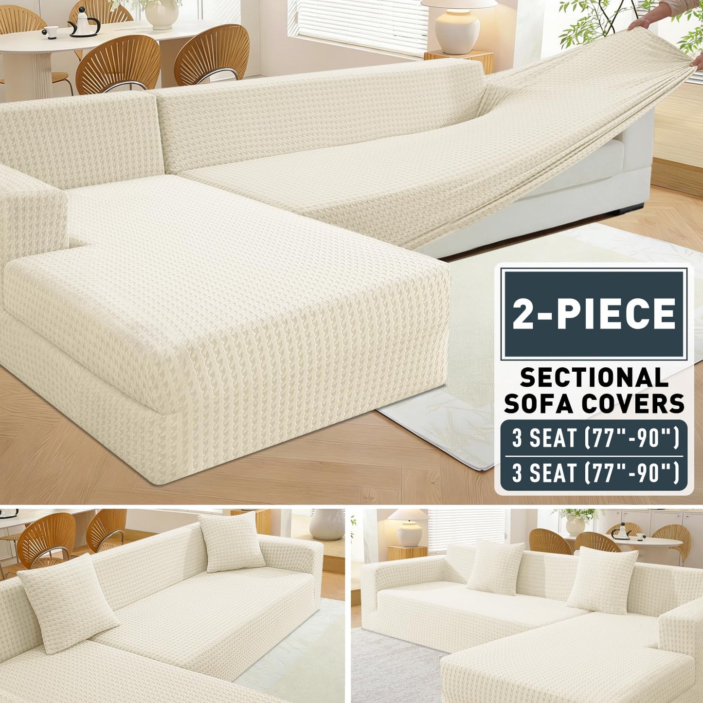 ZNSAYOTX Stretch Sectional Couch Covers New-Houndstooth Texture, Thick Slipcovers with Elastic Bottom for L Shape Sectional Sofa, 2 Pcs Pet Friendly Universal Protector (Sofa or Chaise), Beige