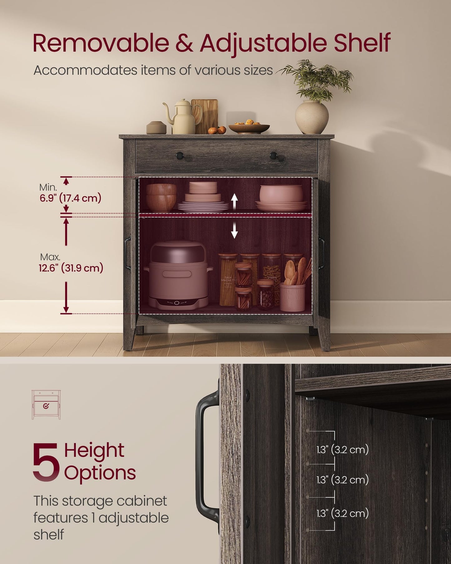 VASAGLE LIRY Collection - Buffet Cabinet, Coffee Bar Cabinet with a Drawer, Adjustable Shelf, Sideboard Storage with Cable Hole, Drawer Divider, Taupe Brown UBBK341TA01S