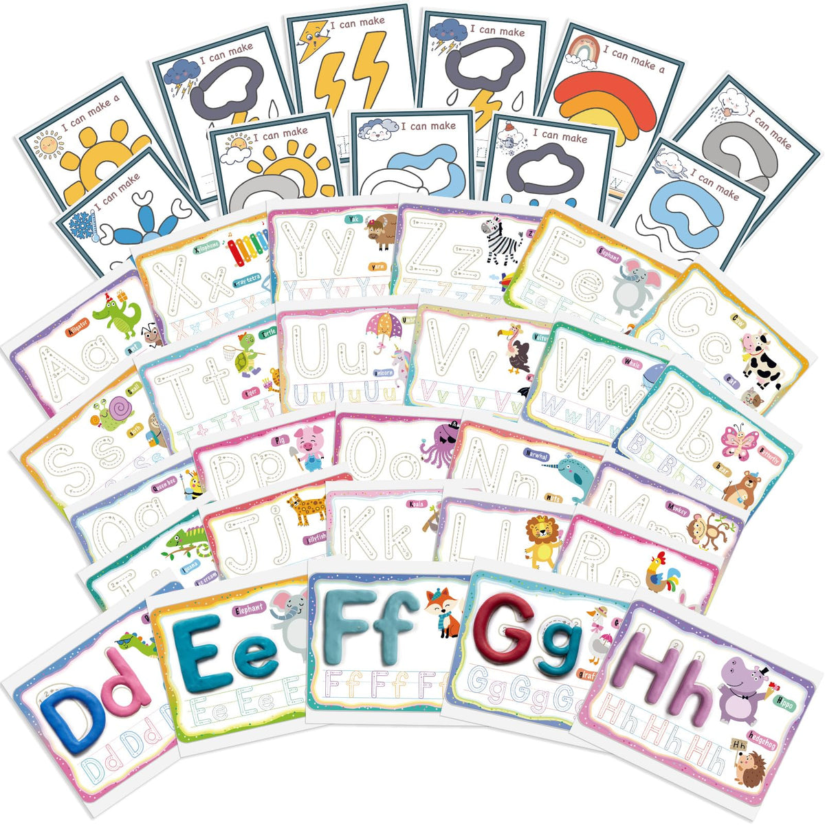 Ireer 36 Pcs Alphabet & Weather PlayClay Mats for Kids Activity Card for Clay Preschool Number Alphabet Animal Shape Learning Activity Games for Classroom Home Educational Supplies