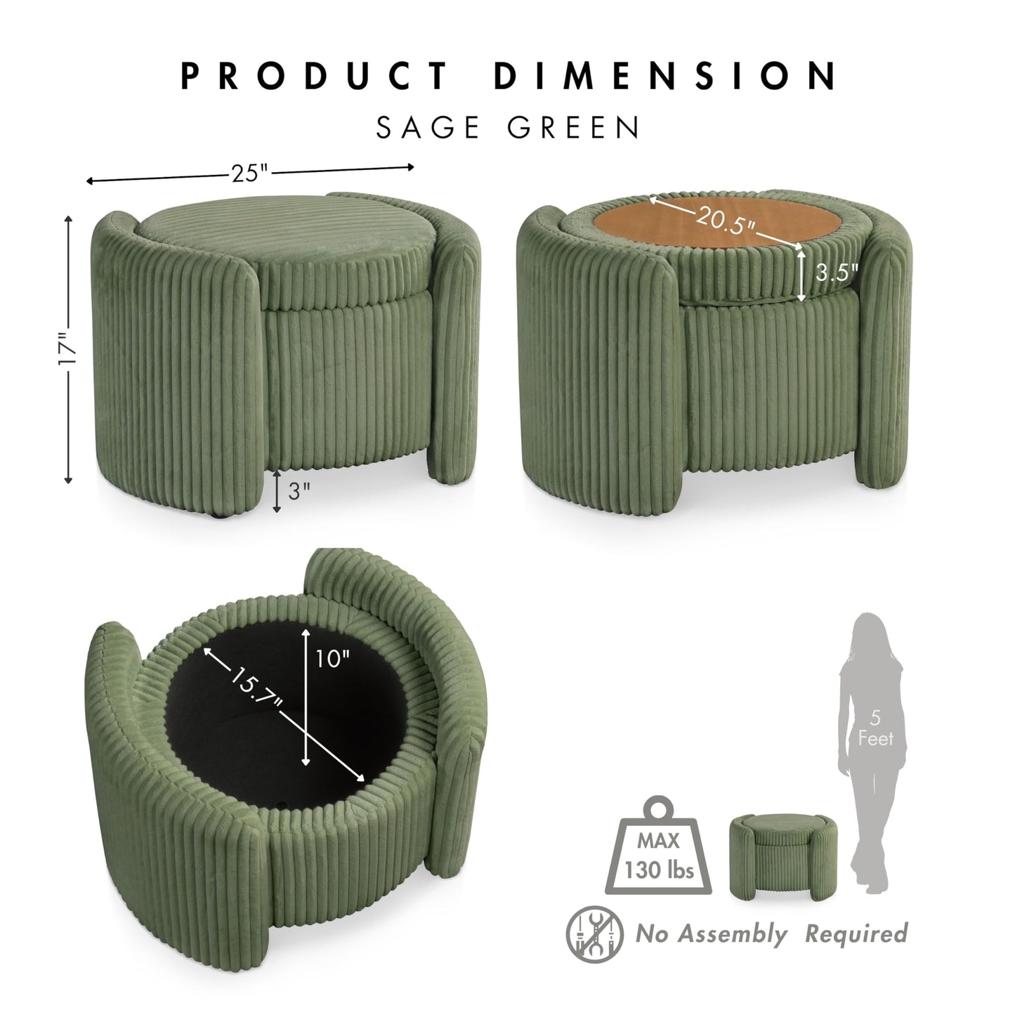 Furniture of America Lennox Modern Chenille 25-inch Round Storage Ottoman with Reversible Flip Top, Upholstered Footstool for Living Room, Bedroom, Entryway, Green
