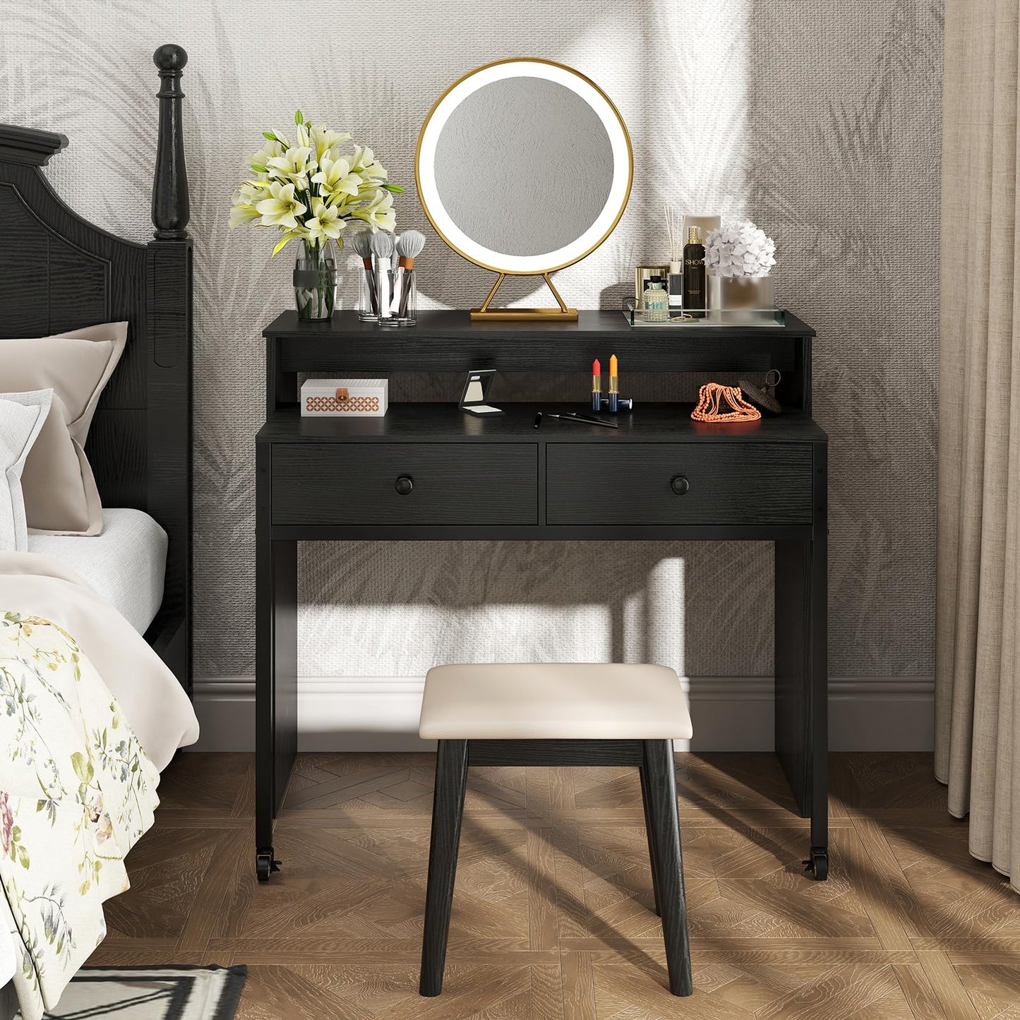 Giantex Small Computer Desk with Hutch & Drawers, Extendable Writing Desk w/Pull Out Secondary Table, Monitor Stand & Rolling Wheels, Console Table, Compact Desk for Small Spaces, Home Office (Black)