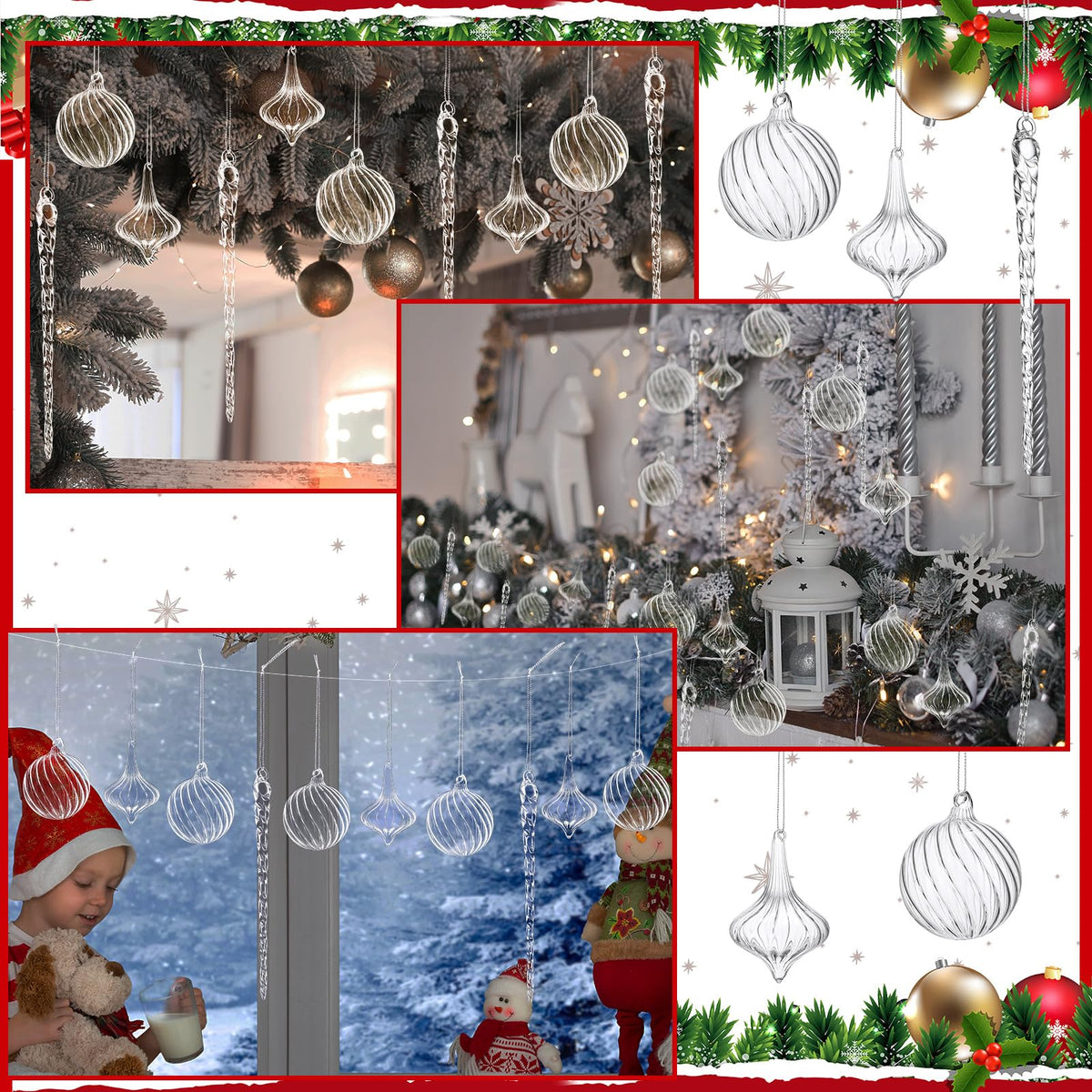 Seematn 18 Pcs Clear Christmas Glass Ornaments Ball Icicle Drop Ornaments Hanging Crystal Balls Glass Bulbs for Xmas Tree Home Indoor Party Elegant Winter Festival Crystal Decorations