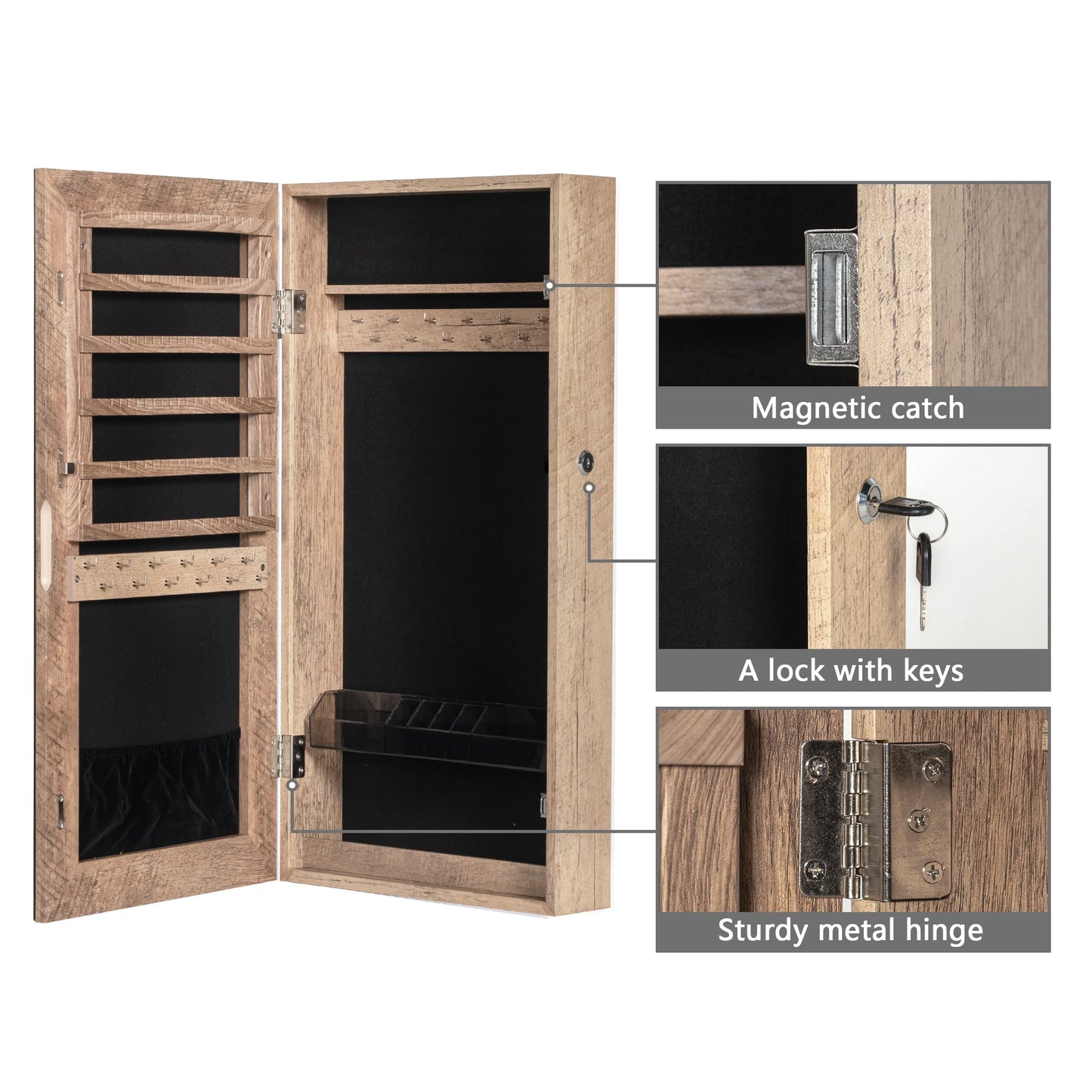 LAVIEVERT Lockable Jewelry Cabinet Armoire with Frameless Mirror, Wall/Door Mounted Space Saving Jewelry Display Organizer with Lipstick Compartments - Wood Grain