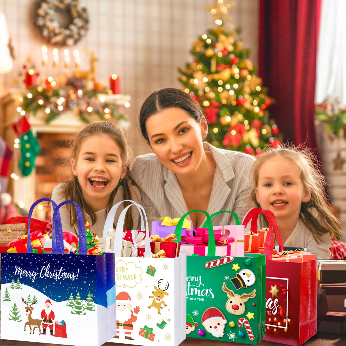 IPQXE 22 Pack Christmas Gift Bags Assorted Sizes- Reusable Tote Bags Non-Woven, Xmas Shopping Bags with Handles, for Christmas Treat Bags, Gifts Wrapping, Xmas Party Supplies 2 Large 8 Medium 12 Small