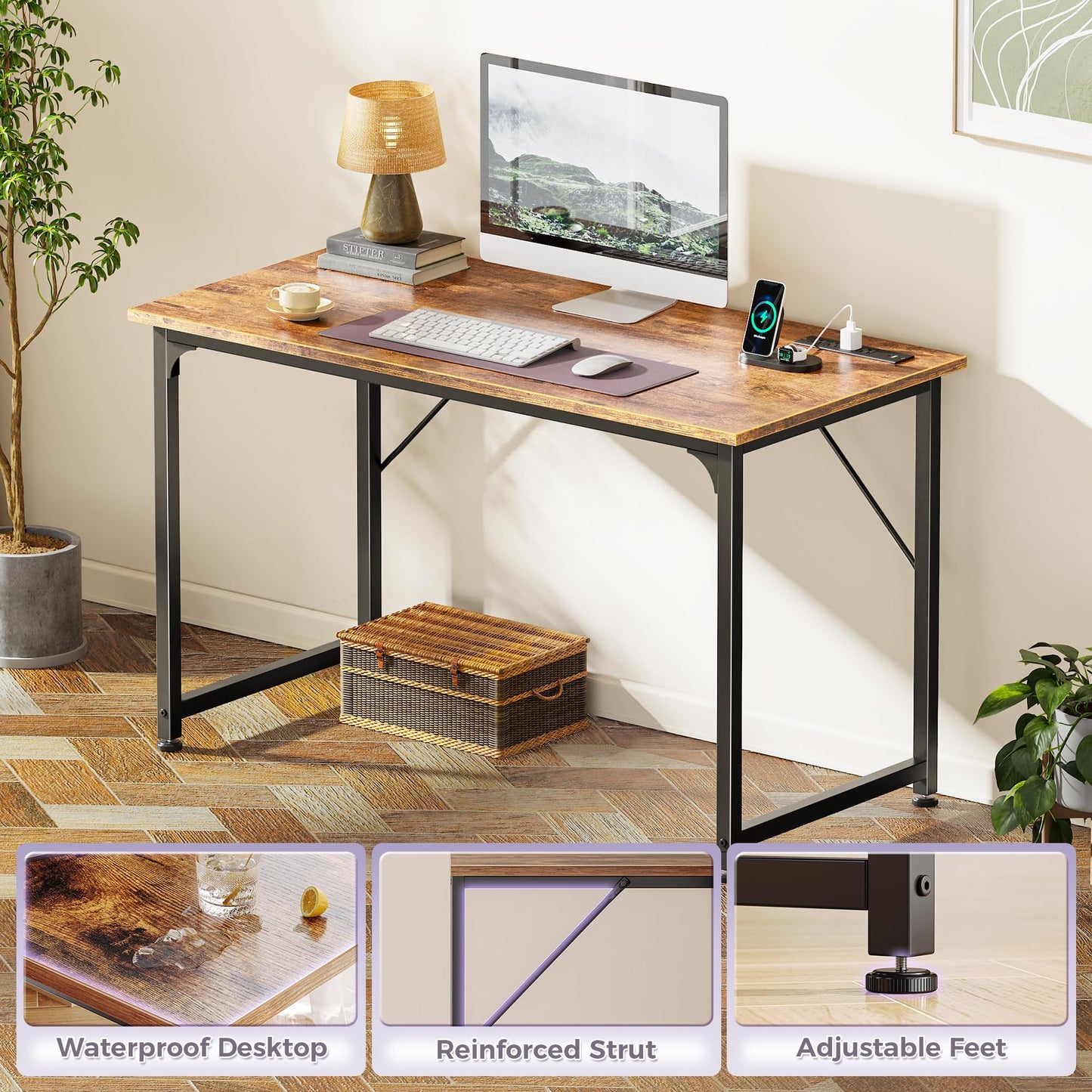 PRAISUN 40 X 20 Inch Computer Desk with Power Outlets and USB-C Port, Gaming Office Desk with Deeper Desktop, Writing Work Desk for Home Office, Study, Bedroom, Metal Frame, Rustic Brown