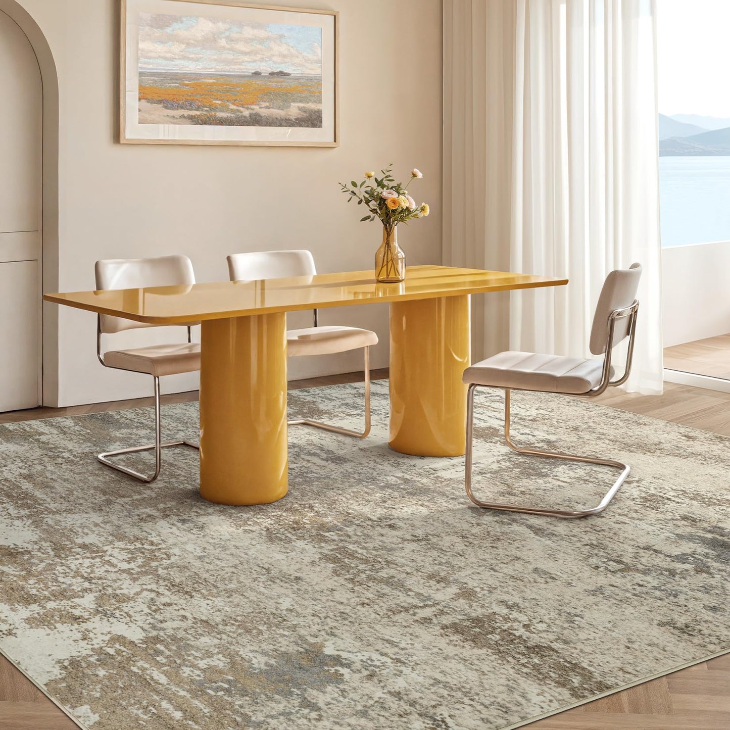 Micgeek Area Rug Living Room - 9X12 Abstract Washable Large Soft Foldable Non Slip Rug Neutral Modern Low Pile Carpet for Bedroom Nursery Dining Room Farmhouse Home Office Indoor - Khaki