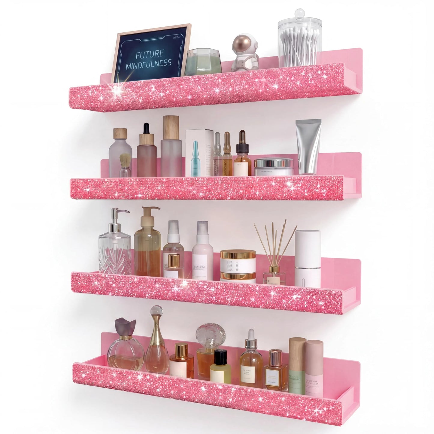 4 Pack 15 Inch Nail Polish Organizer，Diamond Crystal Rhinestone Acrylic Nail Polish Organizer，Sunglasses Essential Oil Picture Display Storage Pink