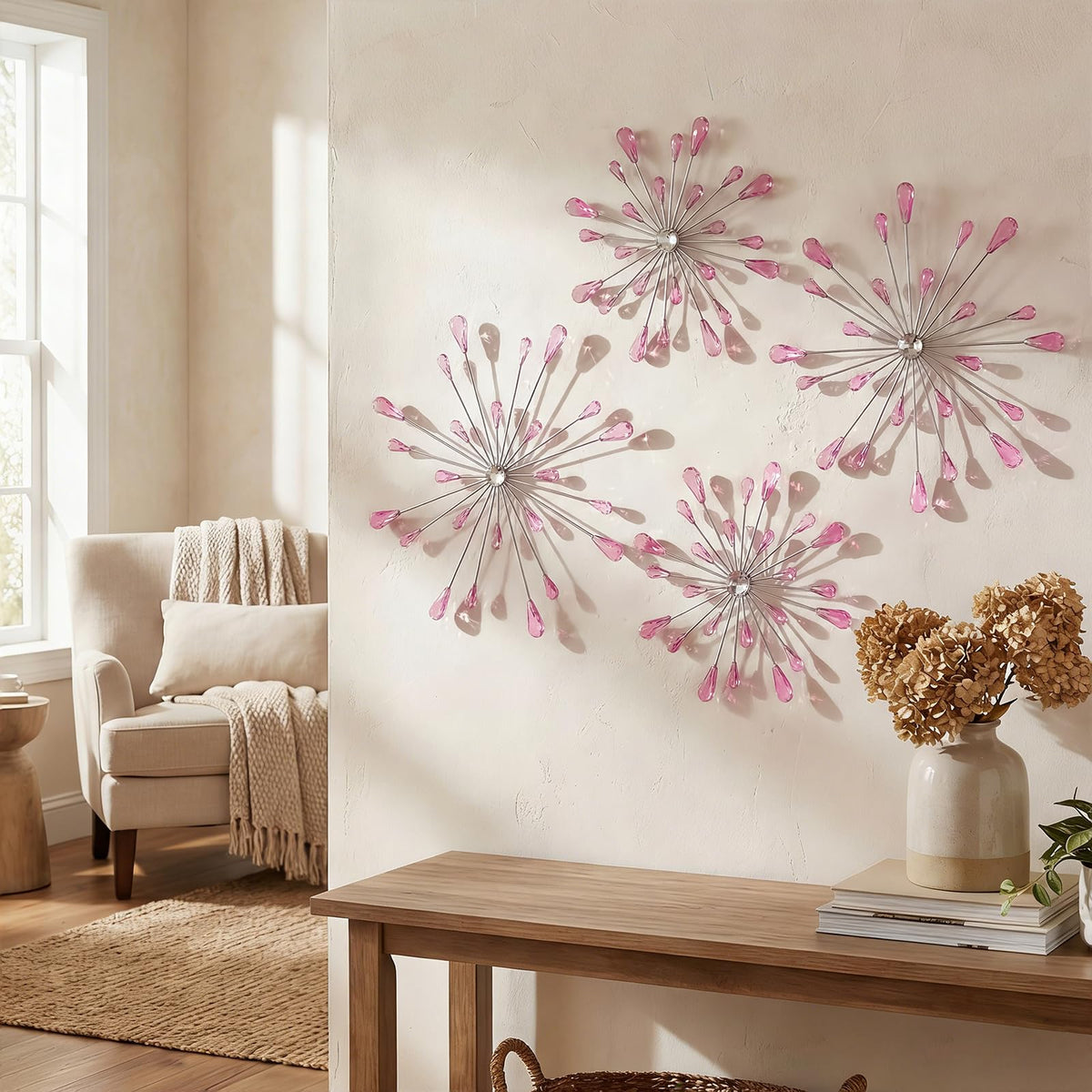 ZEXUIRU 4 Pcs Metal Starburst Art for Wall Decor Living Room Bedroom Dining Room Office - Bling 3D Crystal Rhinestone Sunburst Wall Art -Pink 13in/11.8in/9.8in/9.8in