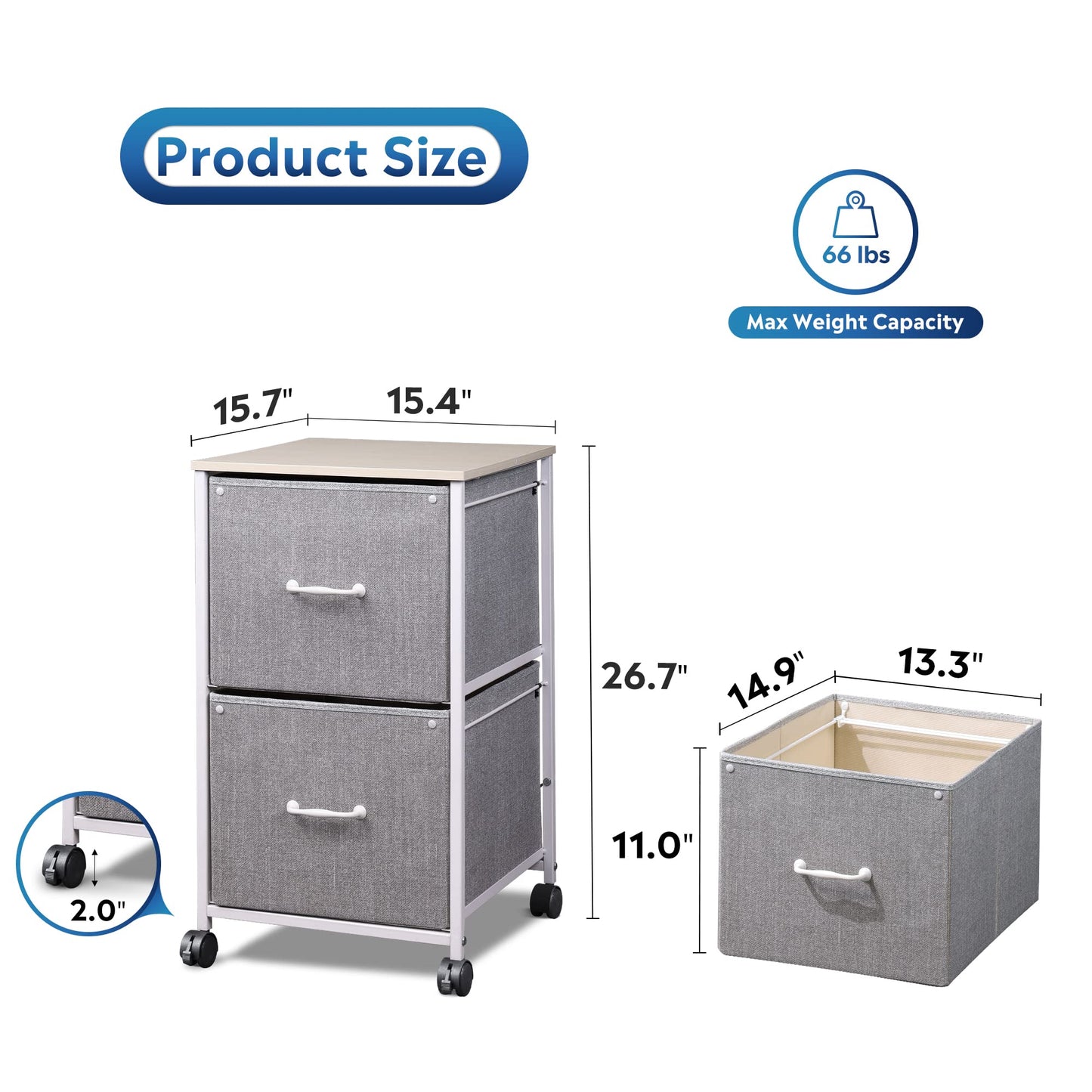 DEVAISE 2 Drawer Mobile File Cabinet, Rolling Printer Stand, Fabric Vertical Filing Cabinet fits A4 or Letter Size for Home Office, Light Grey
