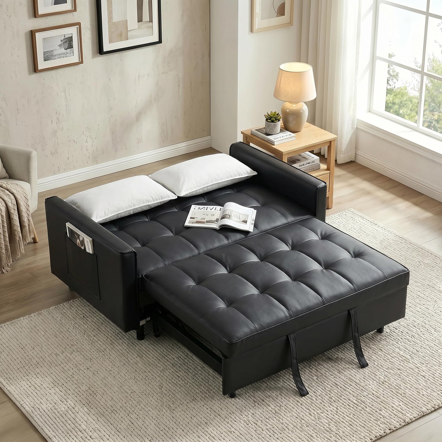 Trygoal 3 in 1 Convertible Sofa Bed, Loveseat Sleeper Sofa with Large Side Pockets, Pull Out Couch with Adjustable Backrest, Easy Assembly, PU Couch Bed for Small Spaces, Apartment, Black