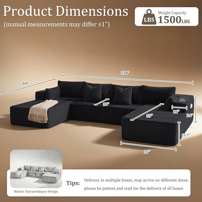 138" Cloud Sectional Couch, Comfort U Shaped Sofa