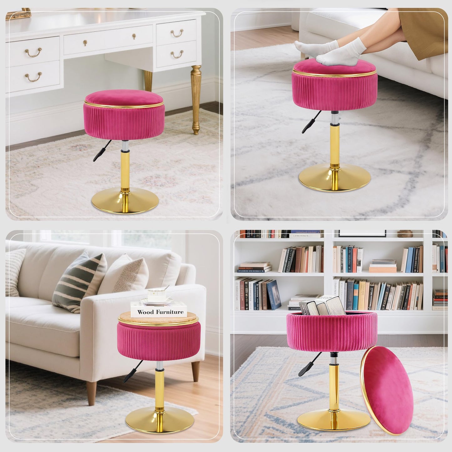 MRITWAII Adjustable Vanity Stool with Storage, 360° Swivel Makeup Stool Chair Small Velvet Round Ottoman with Gold Base for Bedroom (Hot Pink)