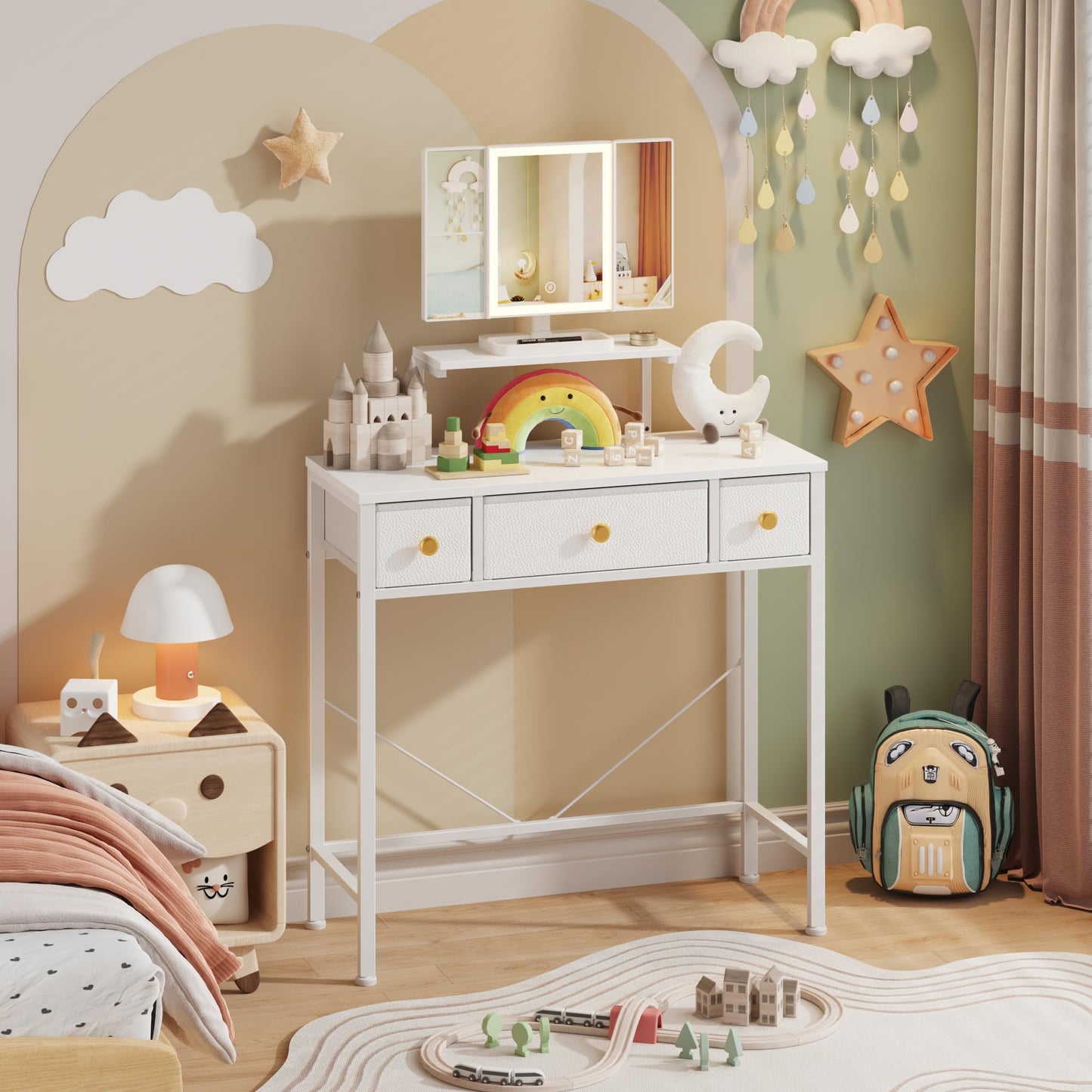 HIGDBFE Small Makeup Vanity Desk 27.5''W with Mirror and Lights, Vanity Desk with 3 Fabric Drawers and Height-Adjustable Stand, Vanity Table for Girls Gifts, Bedroom and Small Spaces, White