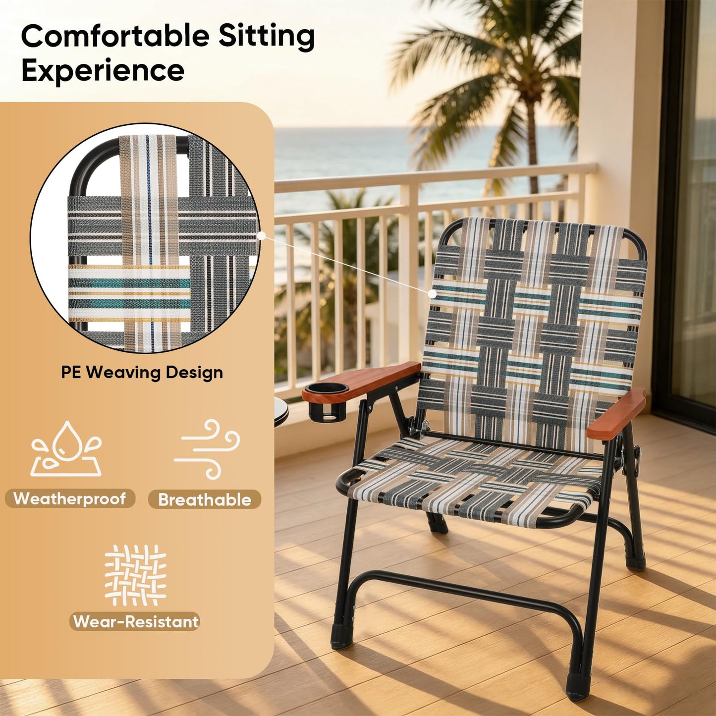 Chiyhshaa Folding Lawn Chair, Portable Camping Chair with Steel Frame, Woven Fabric and Wooden Armrests, Webbed Patio Dinning Chair for Yard Camping Poolside Beach