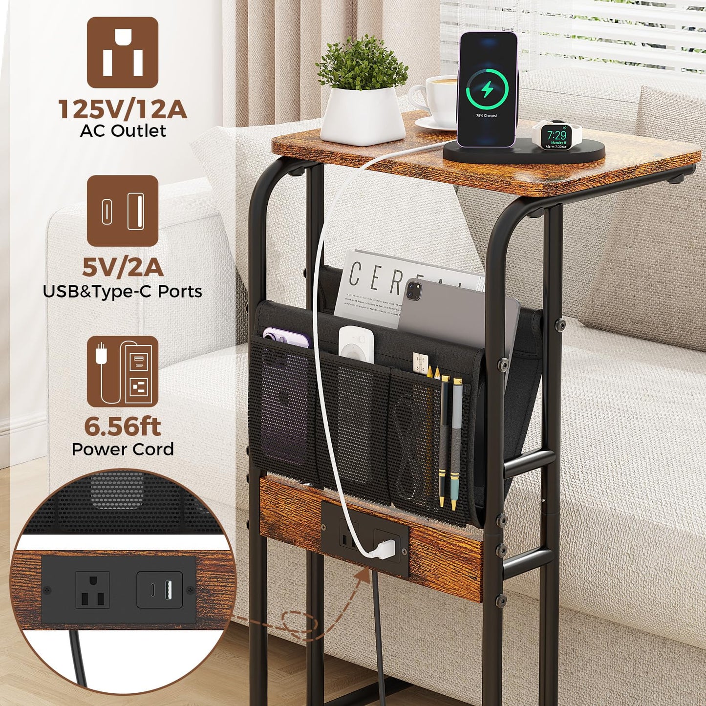 Olldide C-Shaped End Table with Charging Station and Storage Bag, Slide Under Couch Sofa Side Table, Metal Frame for Living Room, Bedroom, Small Space (Rustic Brown)