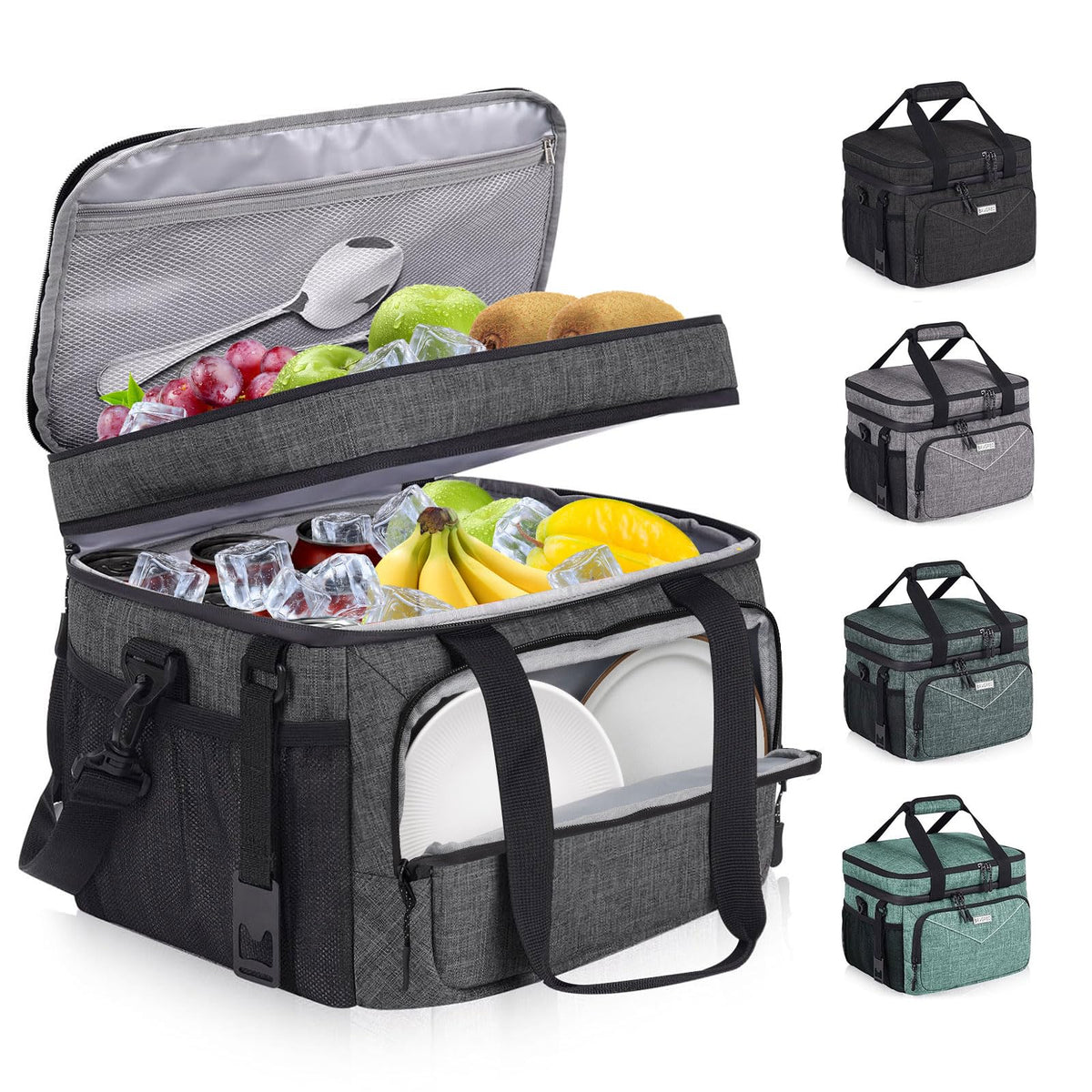 BAVGRED Insulated Lunch Box for Adults, 24 Cans Large Cooler Bag with Double Deck, Leakproof Waterproof Lunch Bag with Adjustable Strap for Work Office Picnic Beach