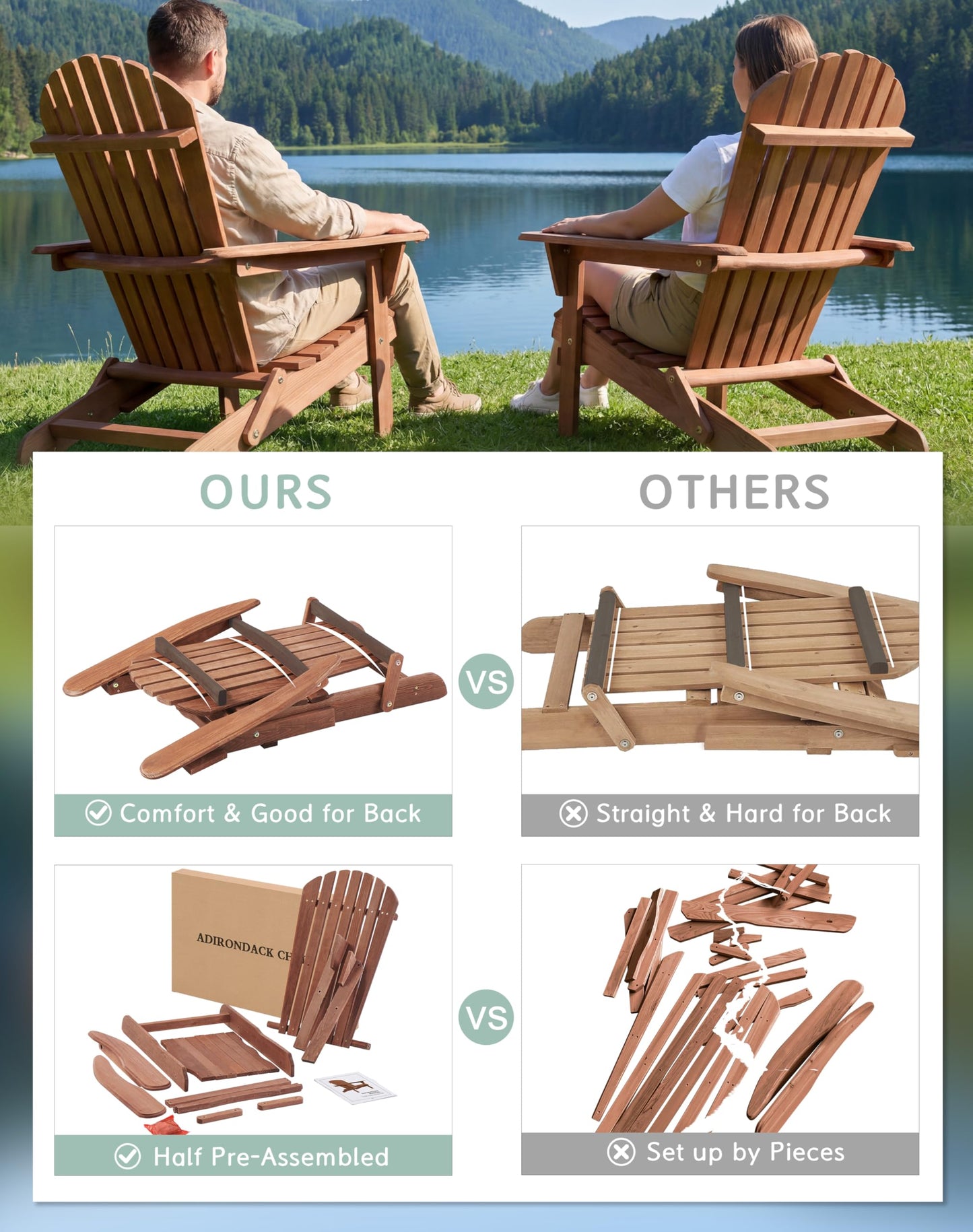 Wooden Folding Adirondack Chair Set of 2, Half Pre-Assembled Wood Lounge Chair for Outdoor Patio Garden Lawn Backyard Deck Pool Beach Firepit