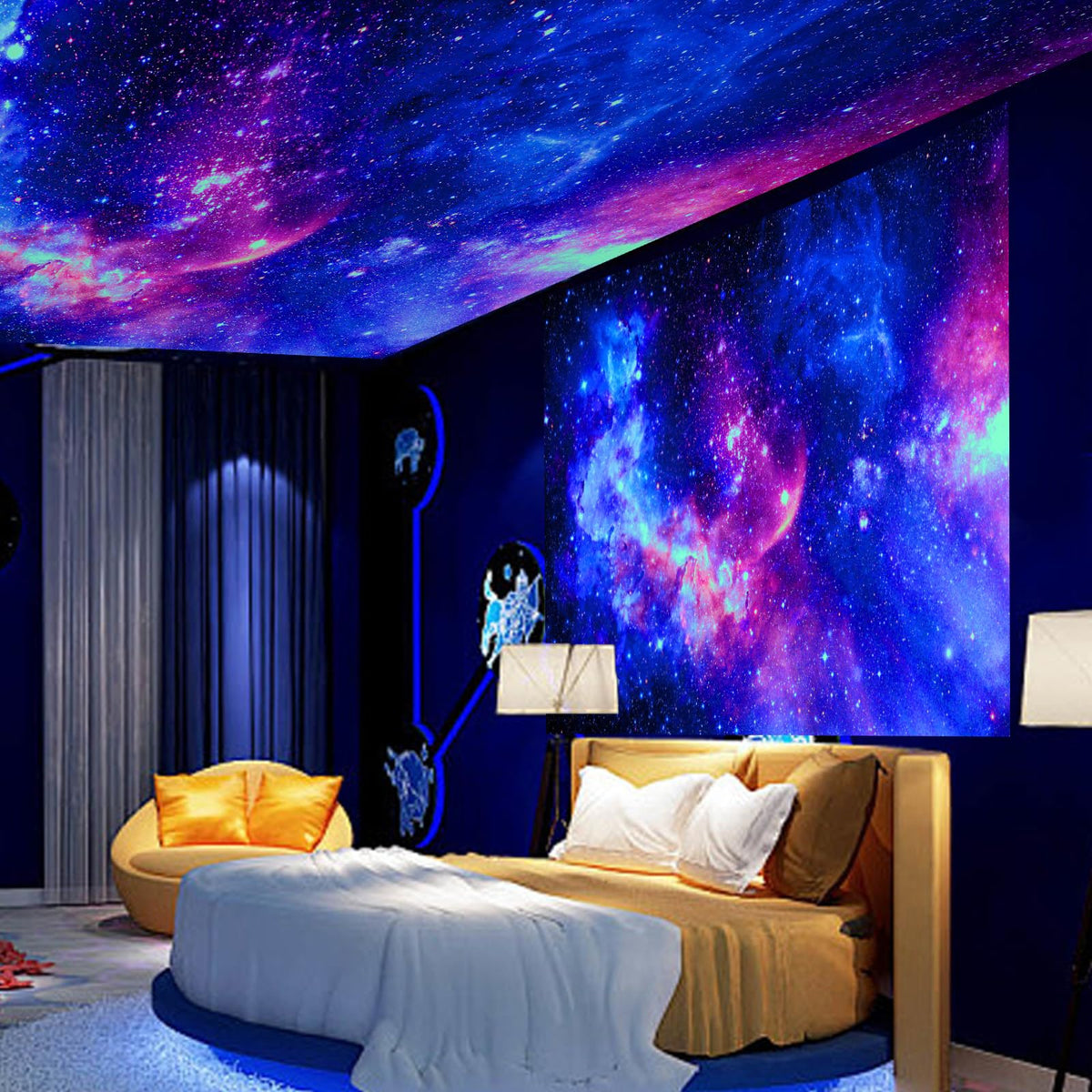 Blacklight Galaxy Tapestry for Bedroom Aesthetic Space Starry Sky Stars Universe Backdrop Black Light Poster Decor Wall Hanging Glow in the Dark Tapestry for Living Room Dorm Home Decoration(51"X60")