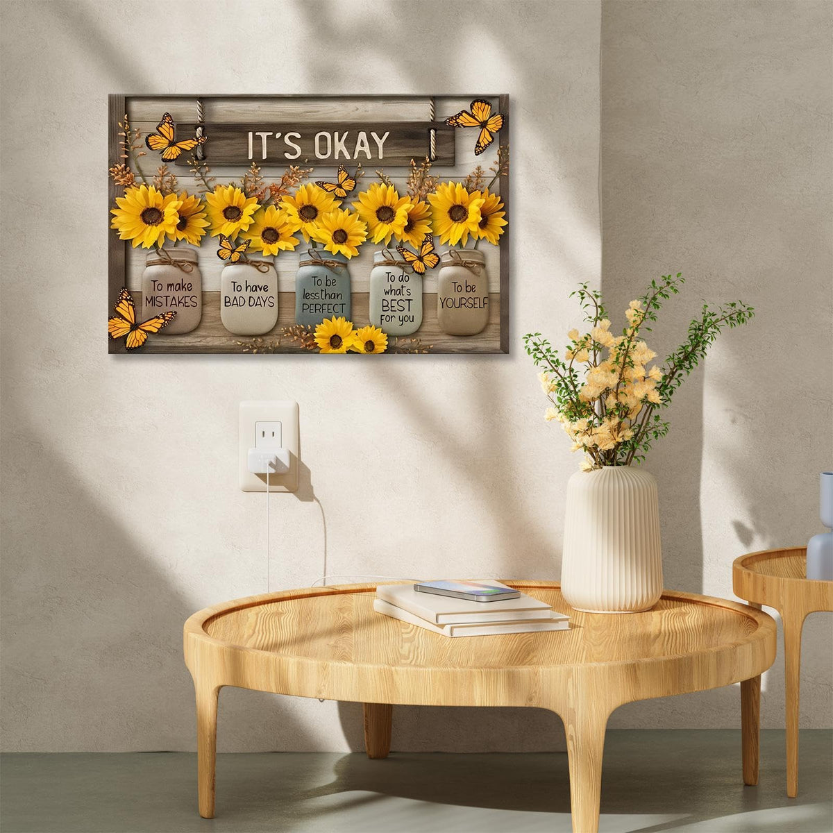 HYFBH Rustic Farmhouse Sunflower Wall Art Framed It's Okay Inspirational Quotes Post Yellow Sunflower Pictures Wall Decor Prints Artwork Canvas for Living Room Kitchen Office Ready to Hang 16x24In