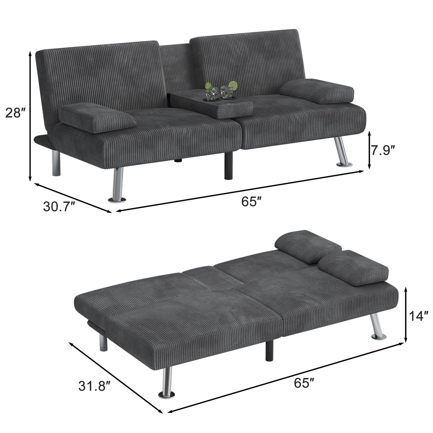 Shahoo Modern Upholstered Convertible Folding Futon Sofa Bed with Removable Armrests, Metal Legs, 2 Cup Holders for Living Room, Grey