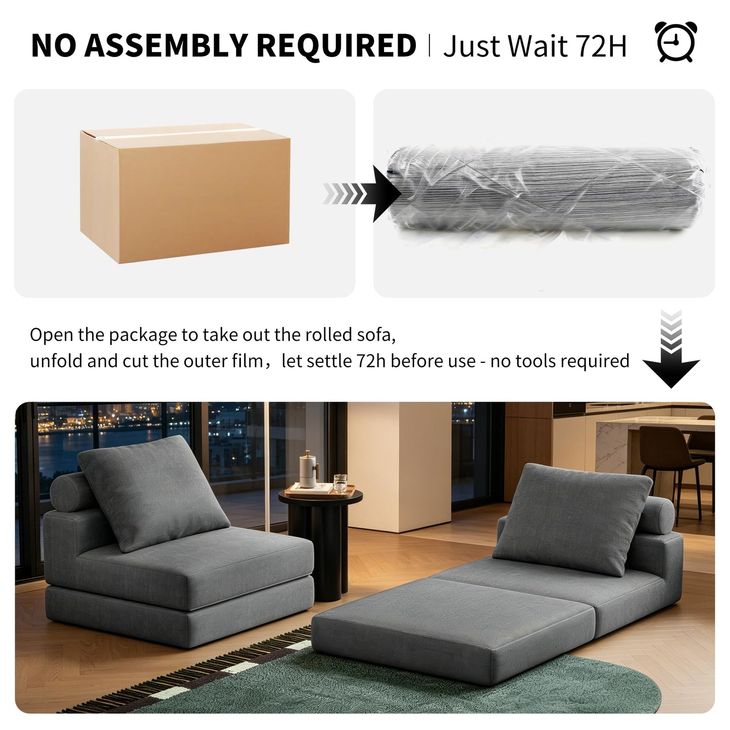 Folding Sofa Bed, Convertible Sleeper Chair with Memory Foam, Pillow & Back Support – Boneless Foldable Futon Couch, Floor Mattress Single Size Lounge for Living Room, Guest Room or Home Office