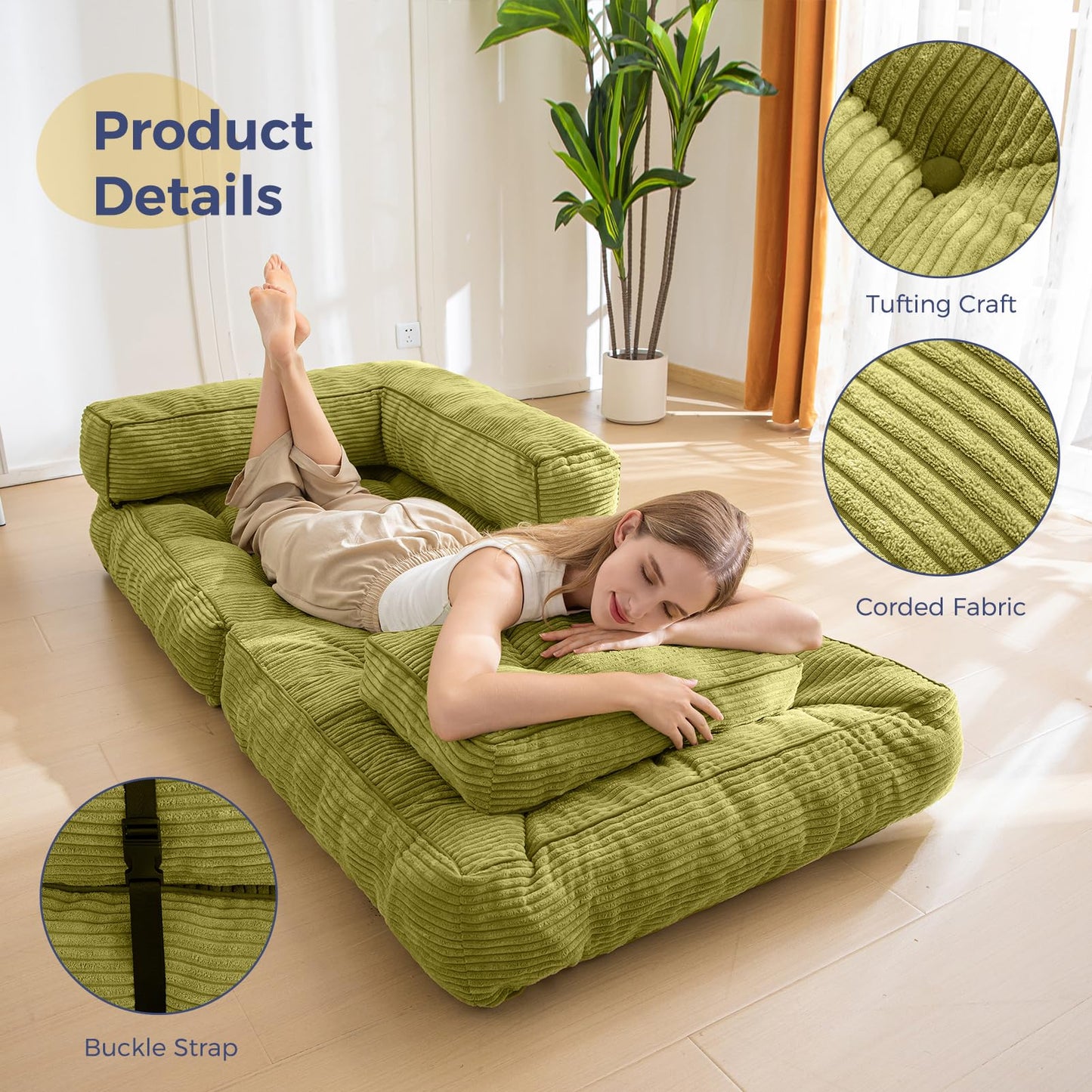 MAXYOYO Folding Sofa Bed, L-Shaped Convertible Sofa with Armrest Foldable Sleeper with Pillow, Portable Fold Out Chair Bed Comfy Floor Lounge for Living Room Bedroom, Green