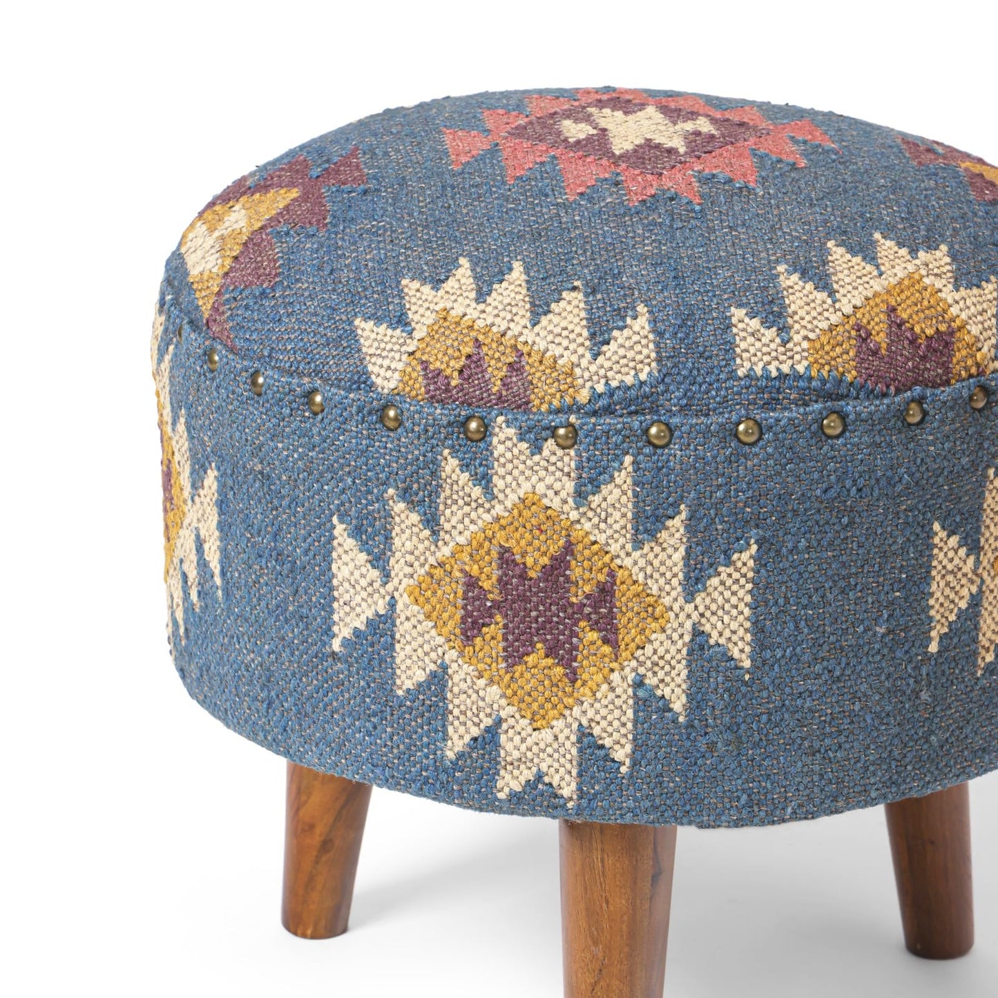 NATURAL FURNISH Handmade Kilim Jute Pouf Ottoman Stool | Round Upholstered Seating with Acacia Wood Base | Decorative Foot Rest for Living Room, Bedroom, Hallway, Office & Lounge (Grey)