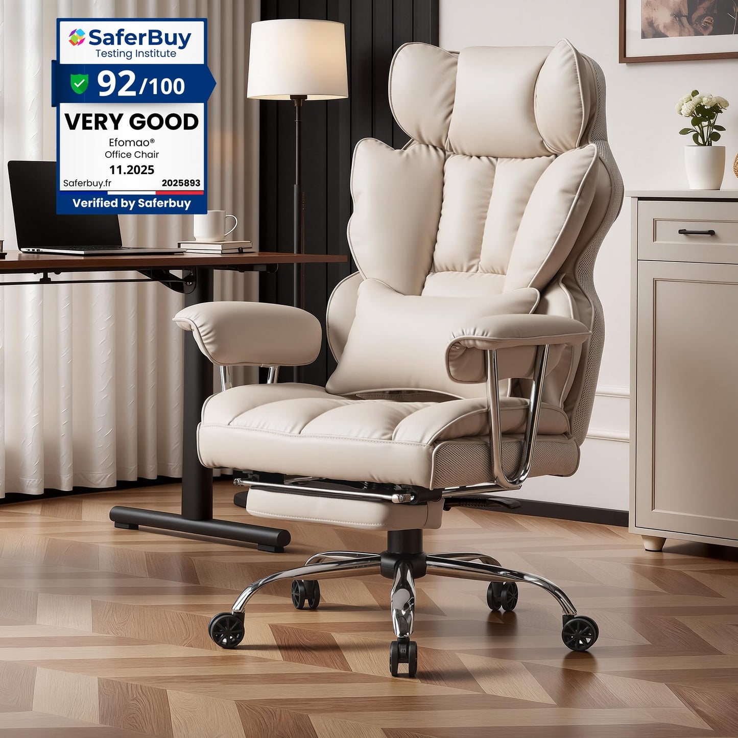 Efomao Big and Tall Office Chair 400lbs – PU Leather Executive Office Chair with Lumbar Support & Leg Rest, Heavy-Duty Computer Chair for Home Office, Grey
