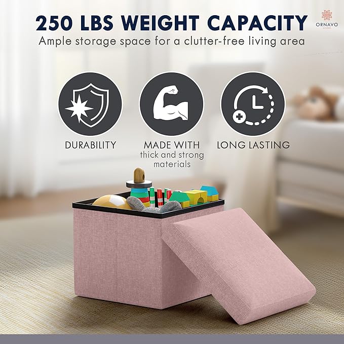 Ornavo Home Small Storage Ottoman Foldable Collapsible Cube Square Linen