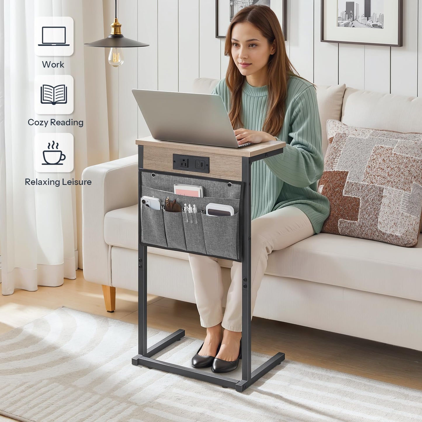HOOBRO C Shaped End Table with Charging Station, 28" H Couch Side Table Slide Under, Sofa Arm Tray Table with Storage Bag for Living Room, Recliner, Greige BG70USF01