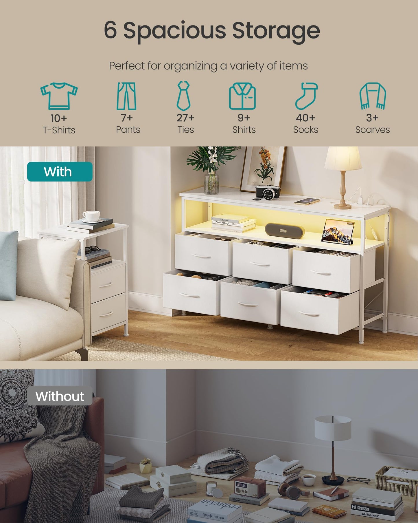 SONGMICS BELLAH Collection - Dresser for Bedroom, Chest of Drawers, TV Stand for TVs Up to 55 Inches, Living Room, Closet, 6 Drawers and 1 Shelf, Modern, Cloud White ULGS833WH02S