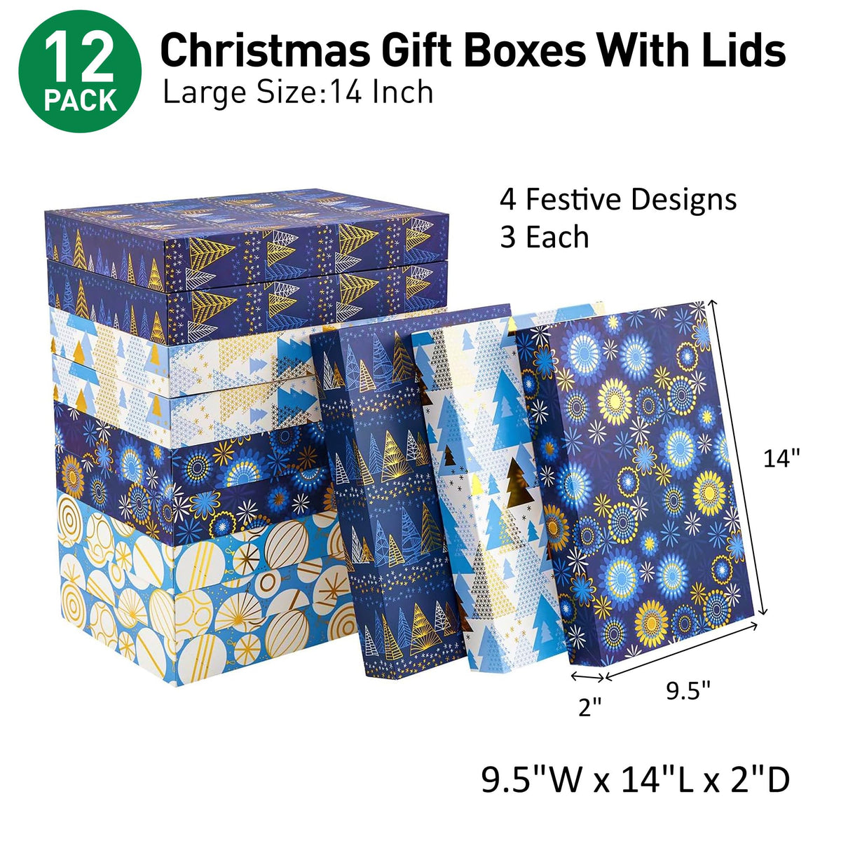 SUNCOLOR 12 Pack 14" Blue Large Christmas Gift Boxes With Lids For Clothes Presents