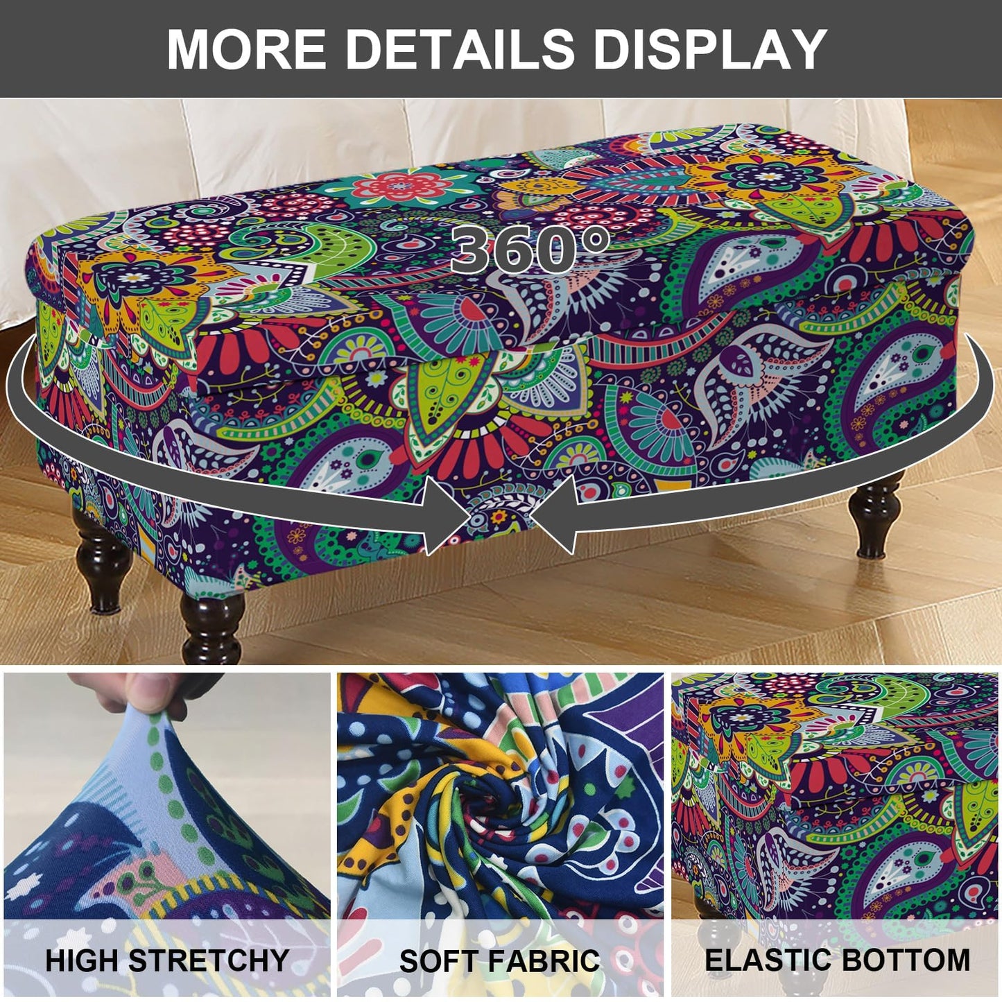 Eco-Ancheng Storage Ottoman Cover Rectangle Ottoman Slipcover Folding Storage Bench Cover Footrest Stool Slipcover Footstool Furniture Protector with Nonslip Elastic Bottom for Living Room (Medium 02)