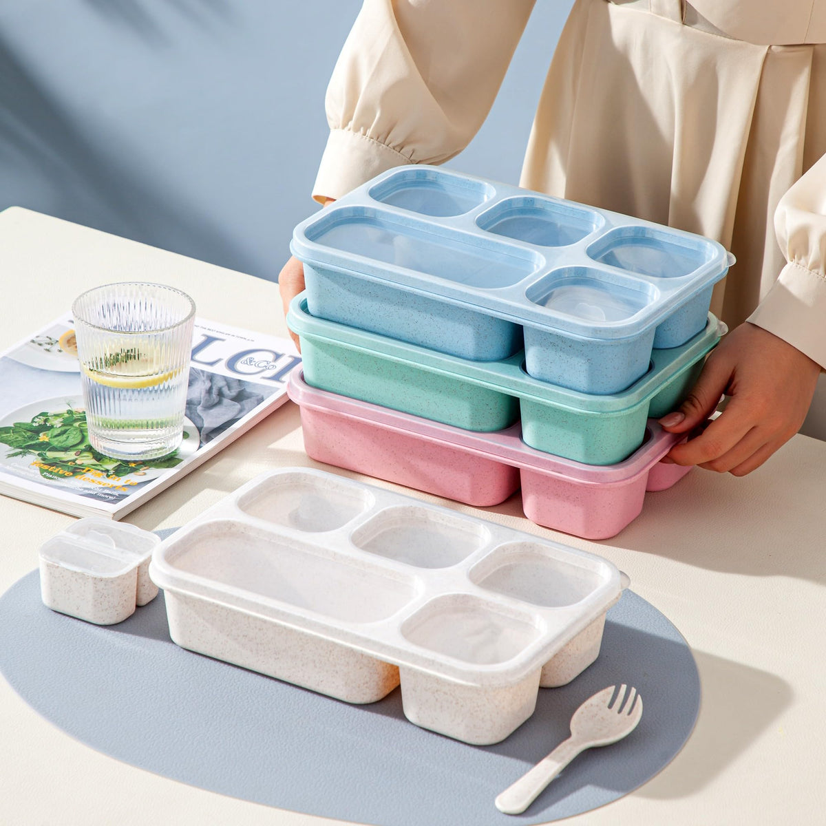 TOUWMX Bento Box Adult, 4 Pack 5 Compartments Meal Prep Container Reusable Food Storage Lunchable Containers with Sauce Containers, Snack Boxes For Adults Bento Box For Kids