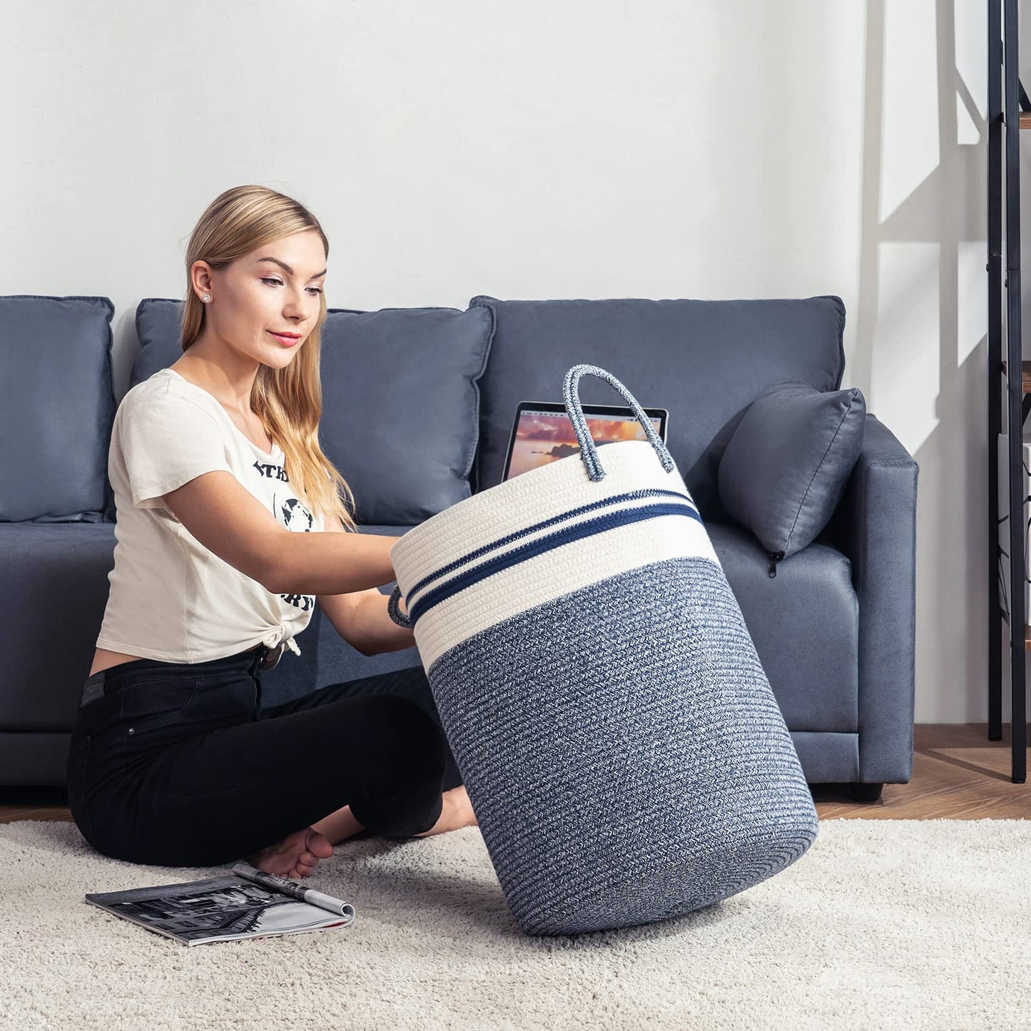 Woven Rope Laundry Hamper Basket by YOUDENOVA, 58L Tall Luandry Basket, Baby Nursery Hamper for Blanket Storage in Bedroom-Large-Blue